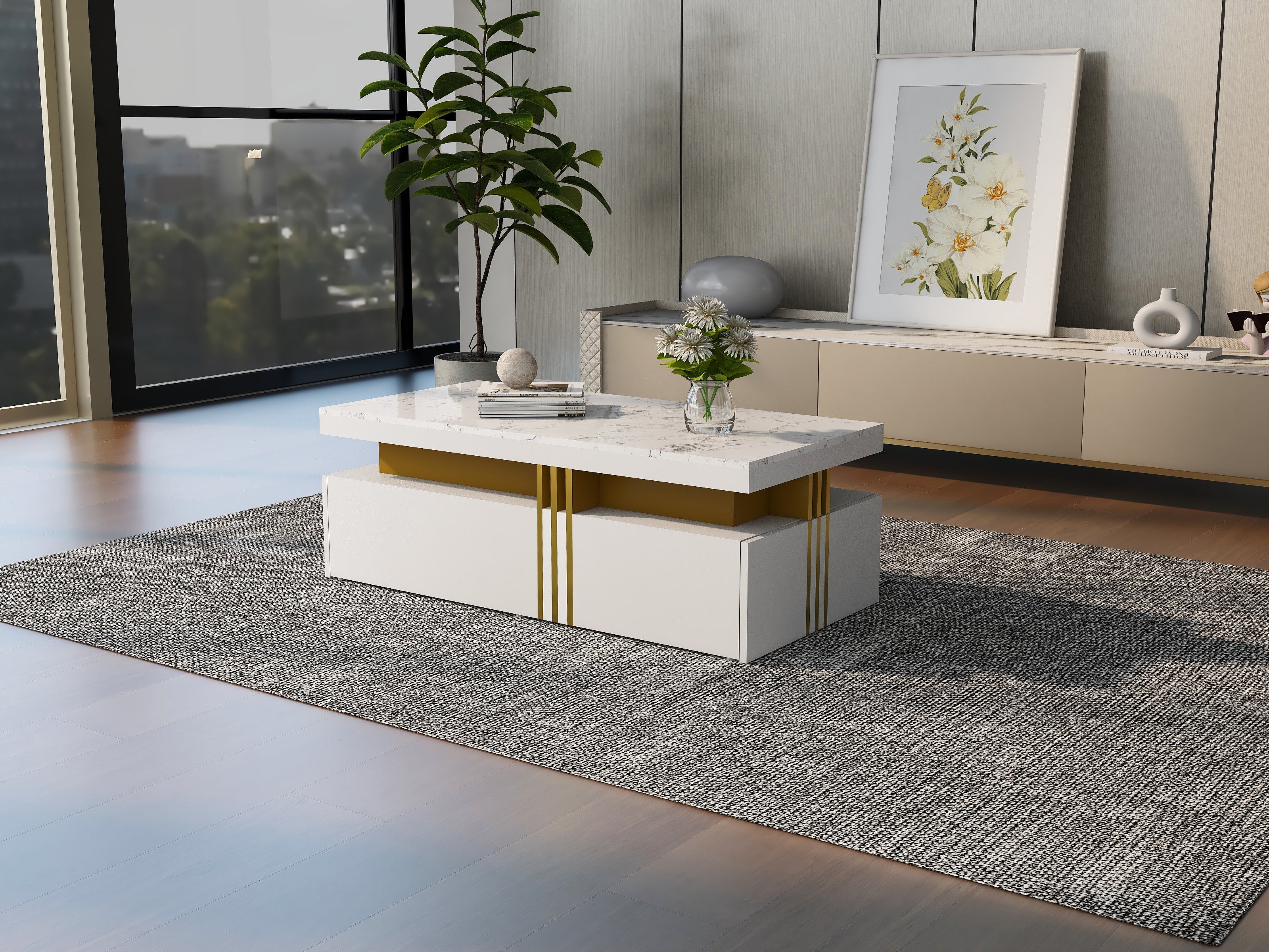 Modern White Rectangular Coffee Table with Marble Pattern Top and 2 Wooden Drawers