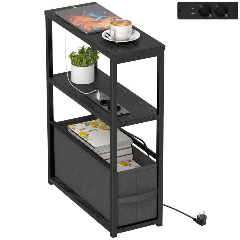 Side Table/Coffee Table with Power Strip and Shelf, for Small Spaces, 45x18x60.2cm, Black