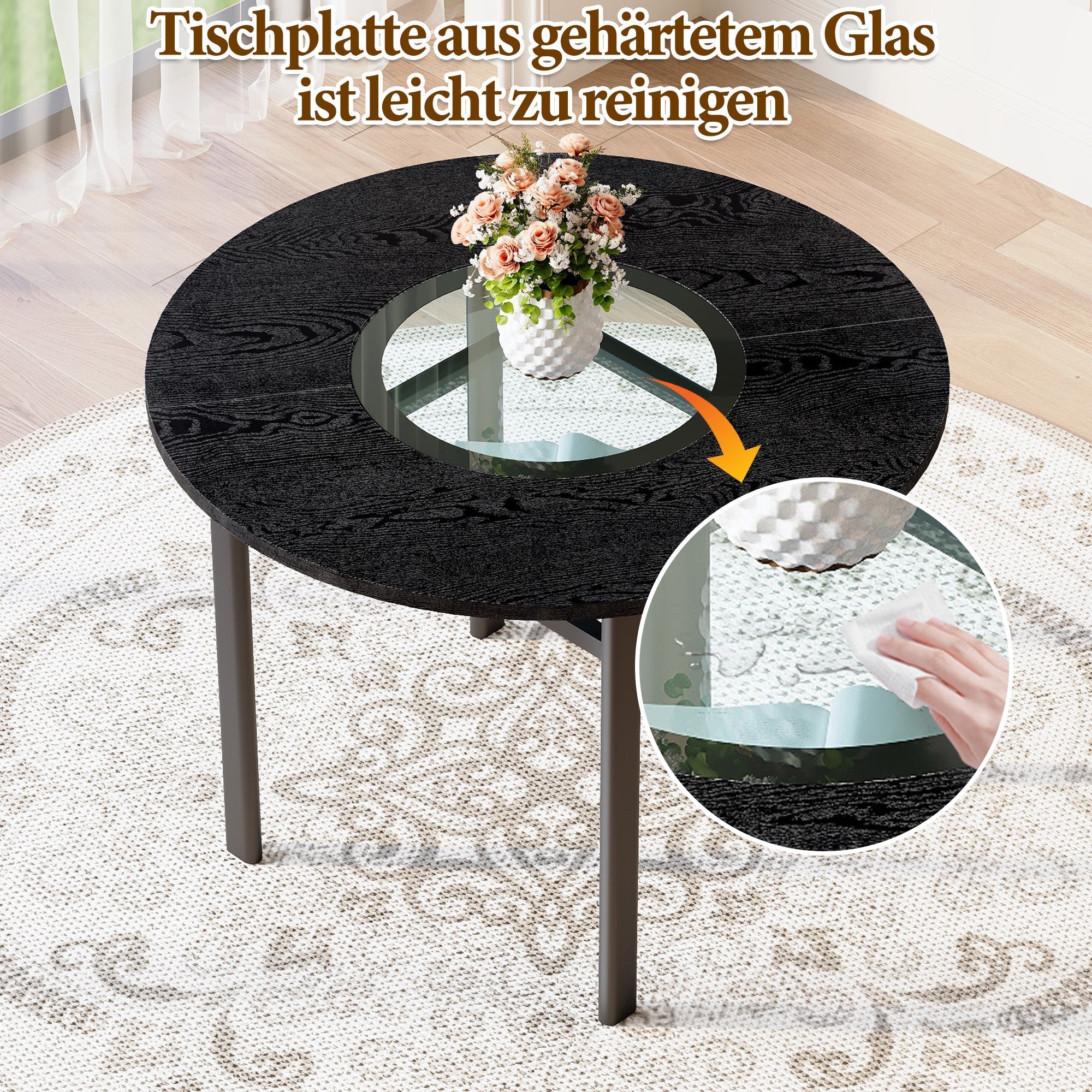 Modern Minimalist Round Table Set 100cm with 4 Tech Fabric Armchairs Black Wood Look & Brown