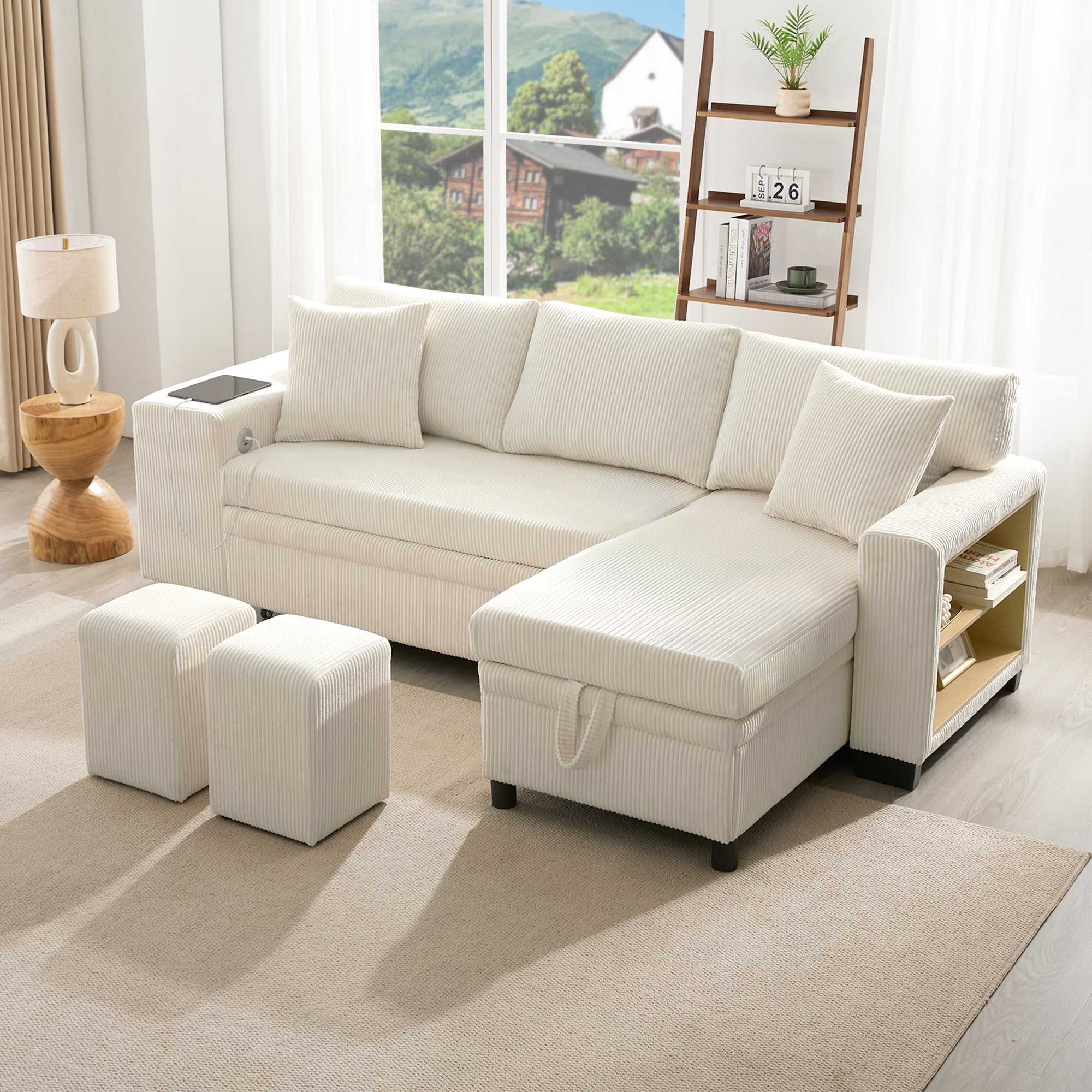 Sofa Bed L-Shaped Convertible 3-Seater with USB, Storage, and Shelves