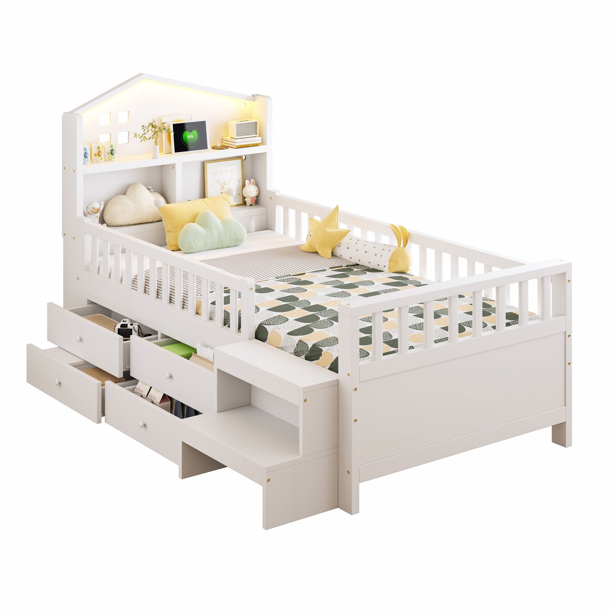 Children's Single Bed with 4 Storage Drawers, LED Lights, USB and Type-C Charging Ports, 90x200cm, White Solid Wood