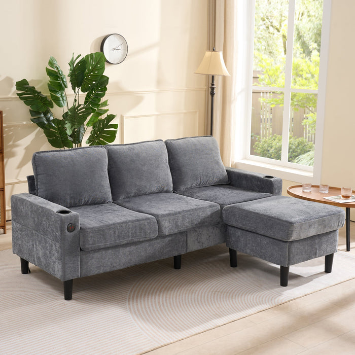 L-shaped Sleeper Sofa 3-Seater USB Type-C Cup Holders, Grey Linen