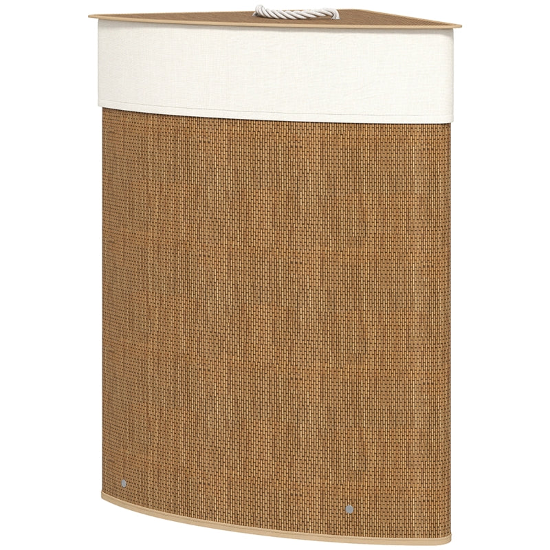 Bamboo Laundry Basket, 55 L, Corner, Removable Bag, Brown