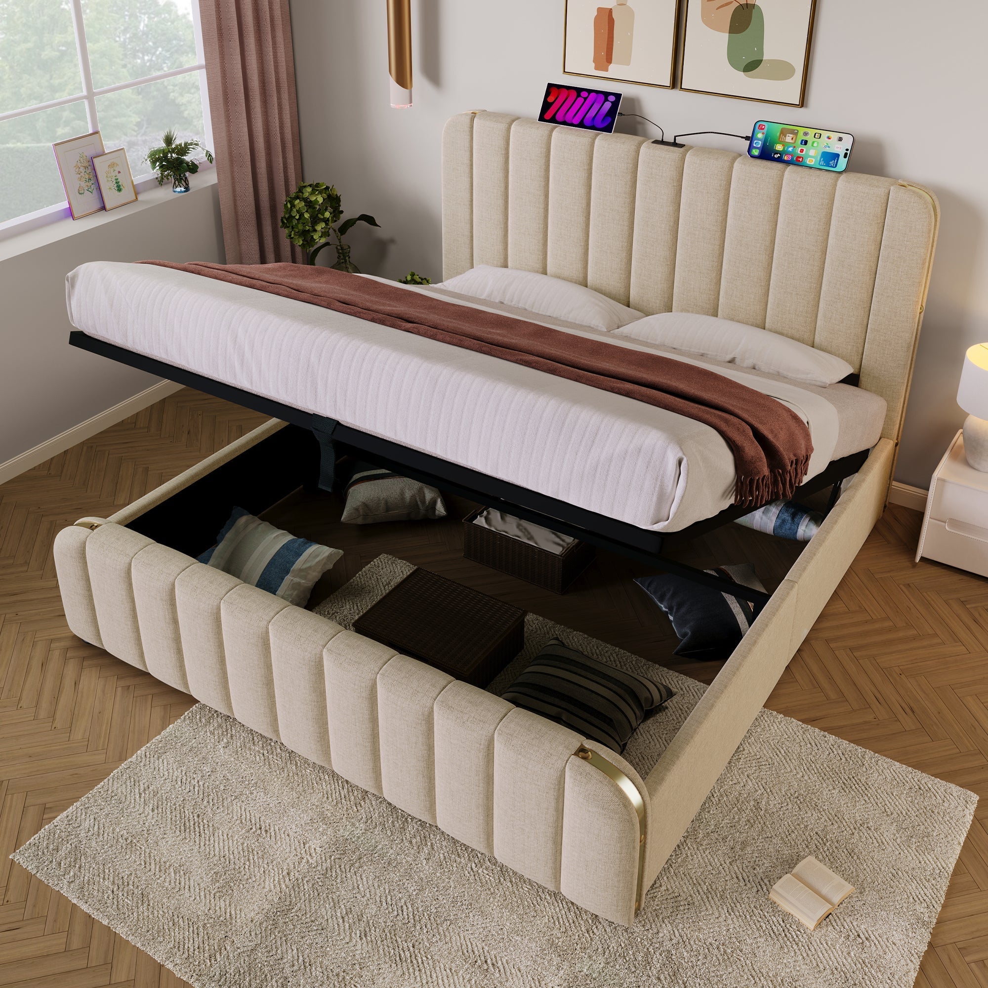 Upholstered Bed with Hydraulic Storage and USB Type-C Charging, 180x200cm, Beige Linen