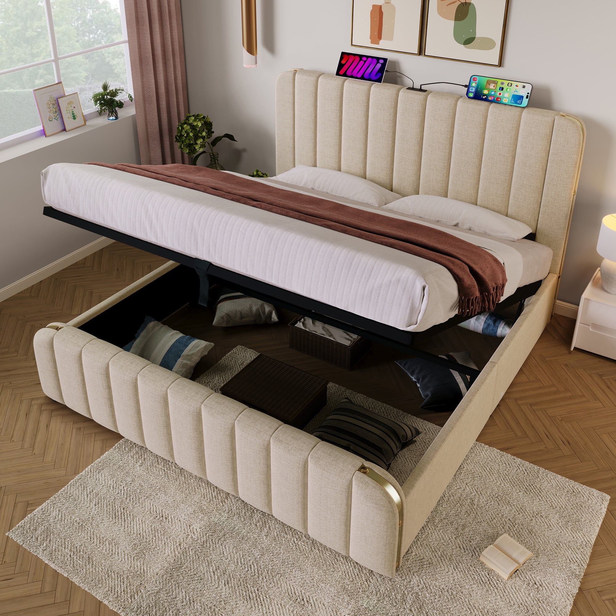 Upholstered Bed with Hydraulic Storage and USB Type-C Charging, 180x200cm, Beige Linen