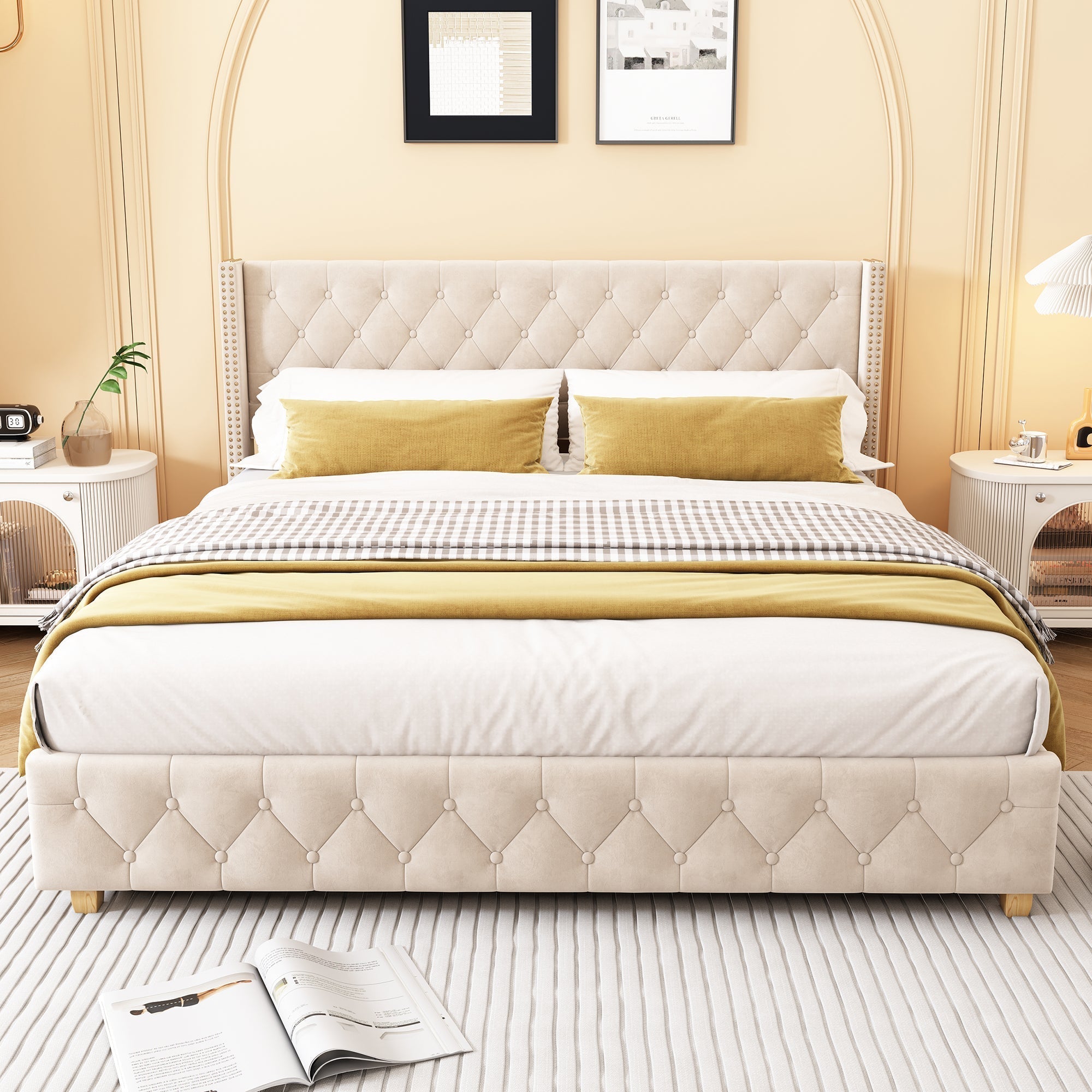 Upholstered Bed 160x200cm Button & Studded Headboard Slatted Frame - Light Beige Velvet