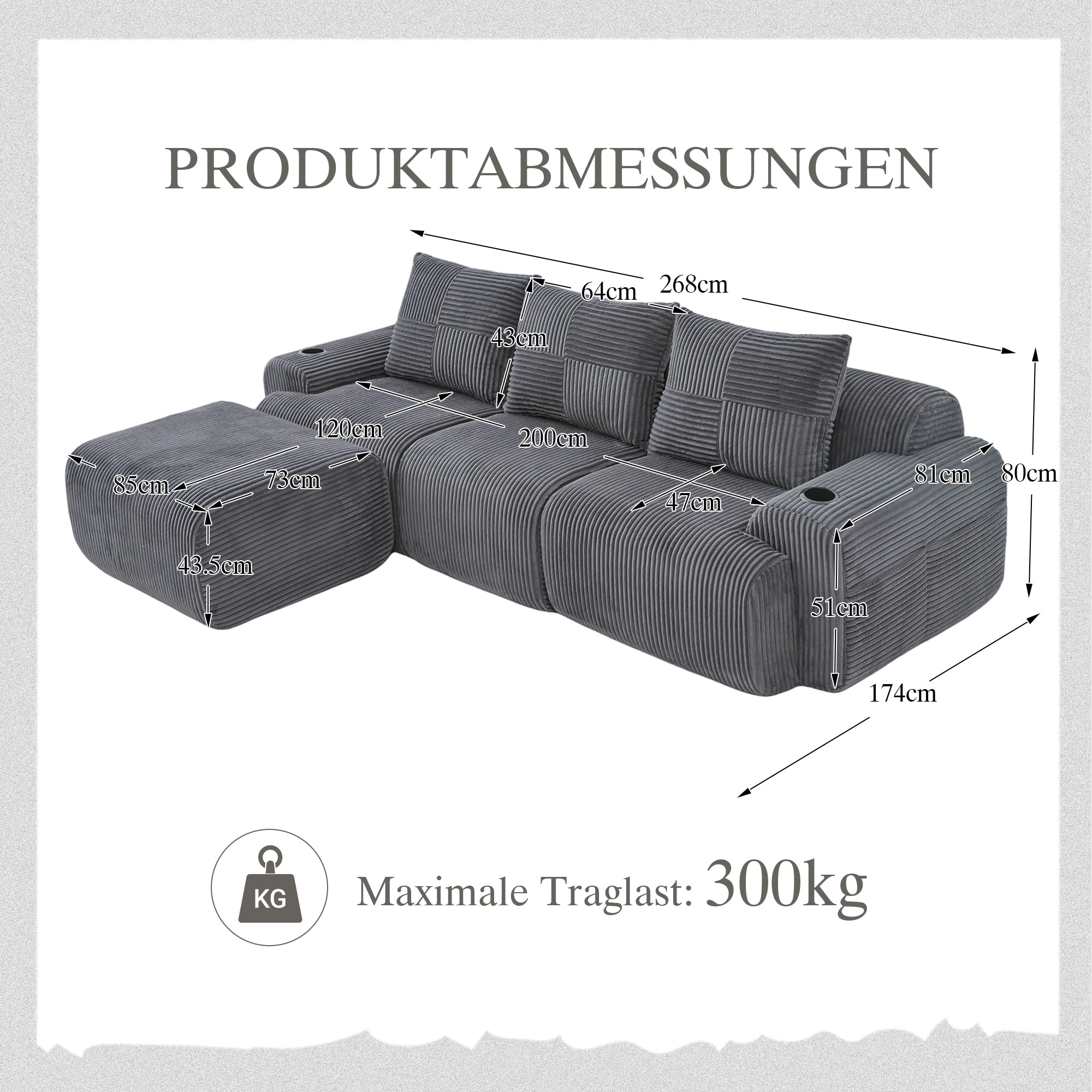 3-Seater Modular Corduroy Sofa with Ottomans, Cup Holders and Storage, Dark Grey