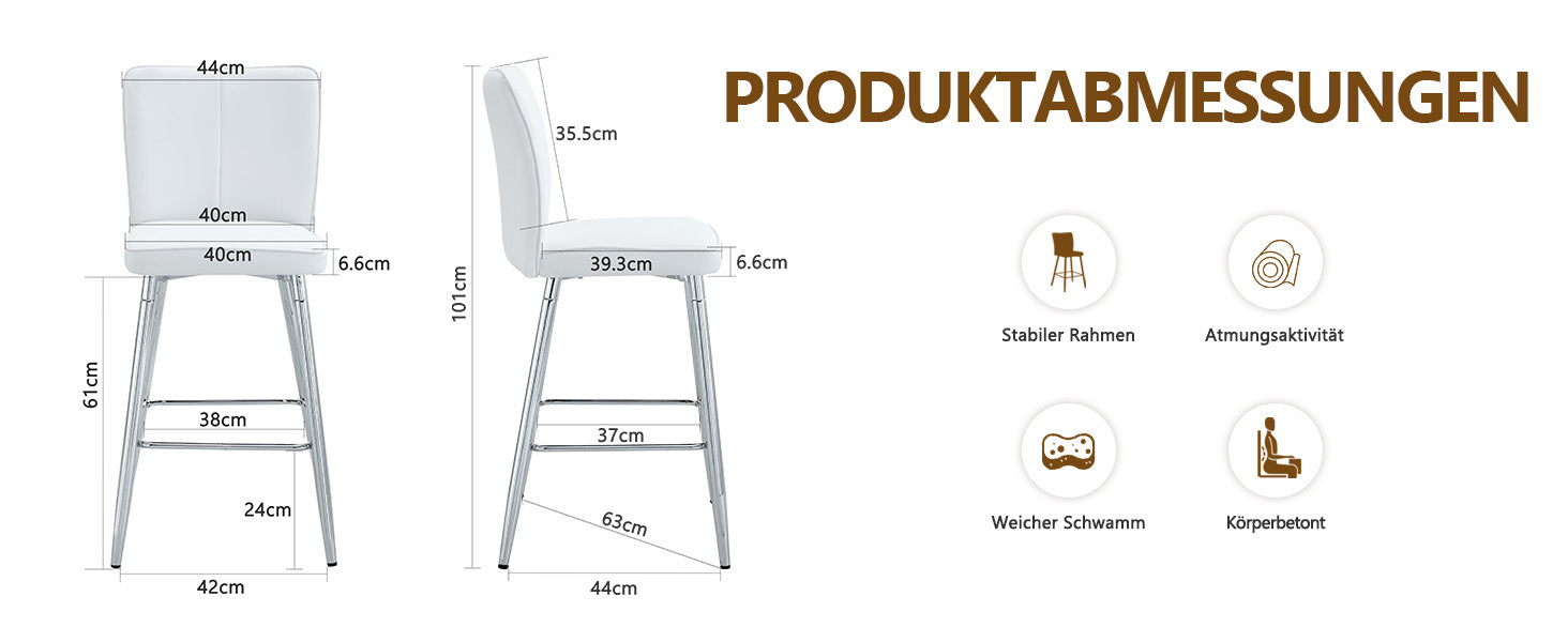 Bar Chair Set of 2 101cm High Ergonomic Backrest White PU