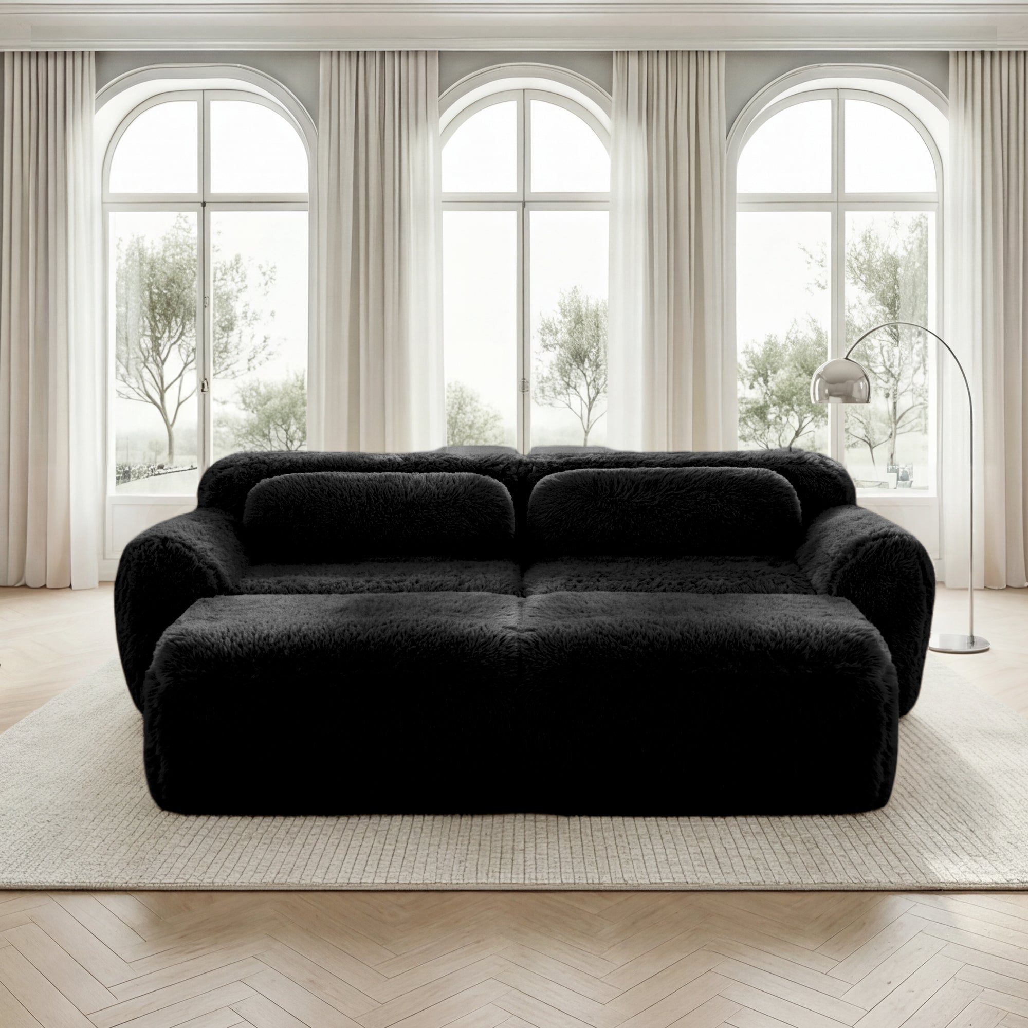 Boneless Cloud Sofas Modular Sleeper Sofa Two-Seater with 2 Ottomans No Assembly Plush Black