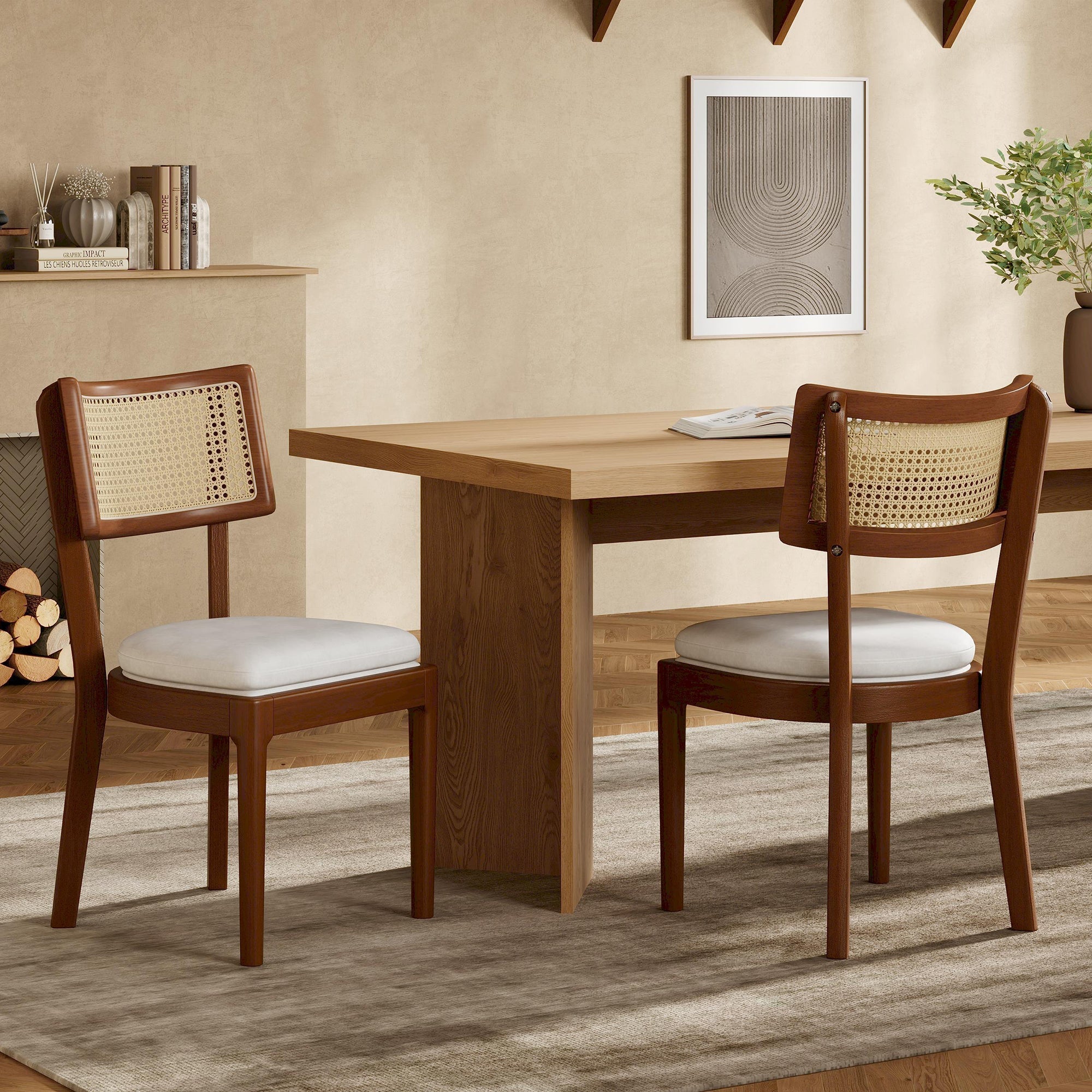 6 Solid Wood Dining Chairs Rattan Backrests Linen - Walnut