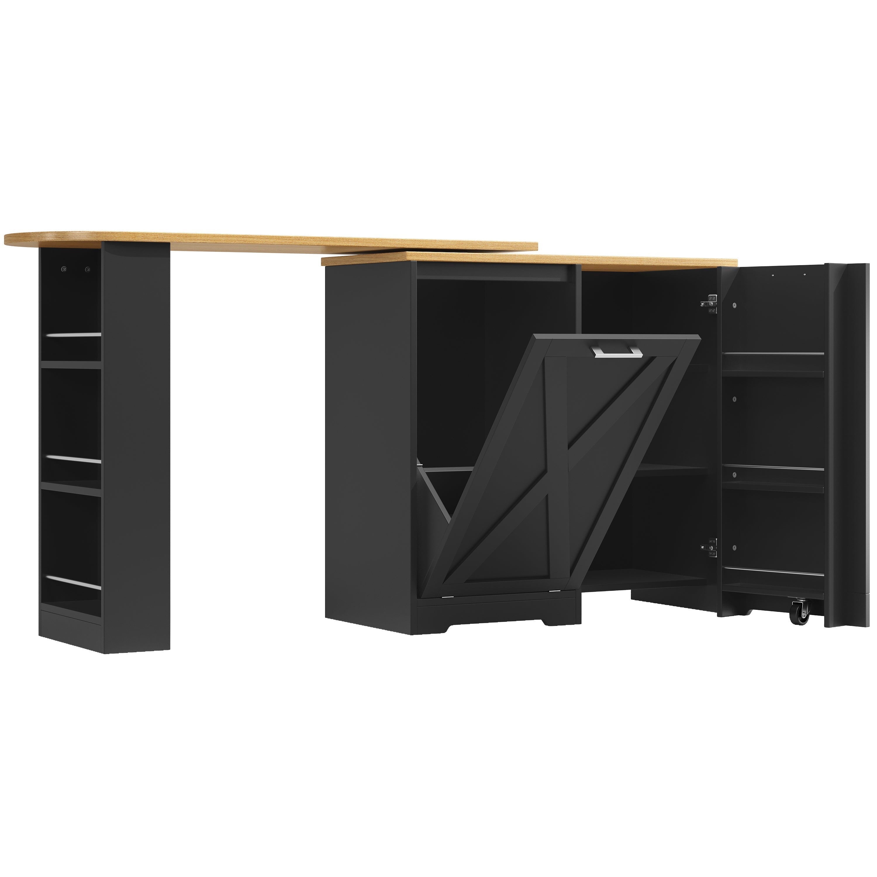 360° Rotating Breakfast Bar with Multifunctional Storage and Side Shelves, Black