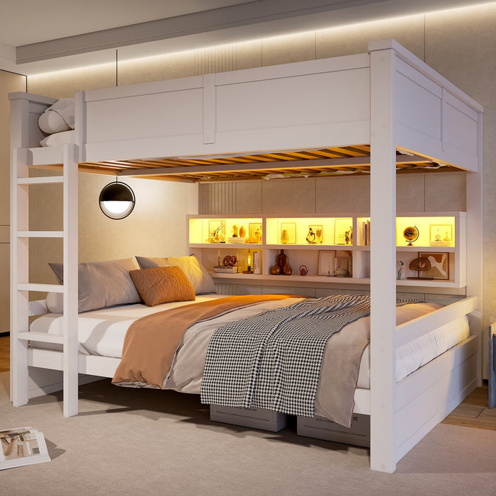 Bunk Bed 160x200 with Storage Cabinets and LED Light, White