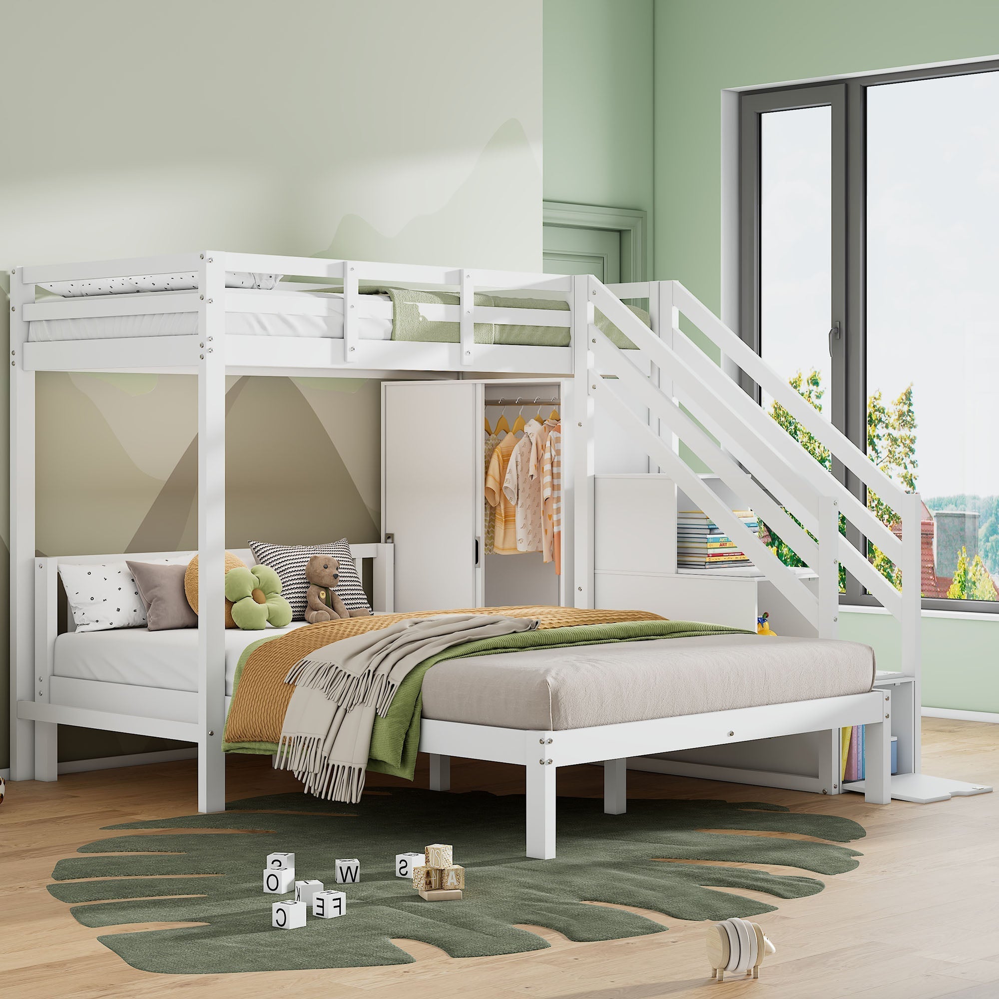 Multifunctional Bunk Bed with Wardrobe and Storage Stairs, 90x200cm and 140x200cm, White Solid Wood and MDF