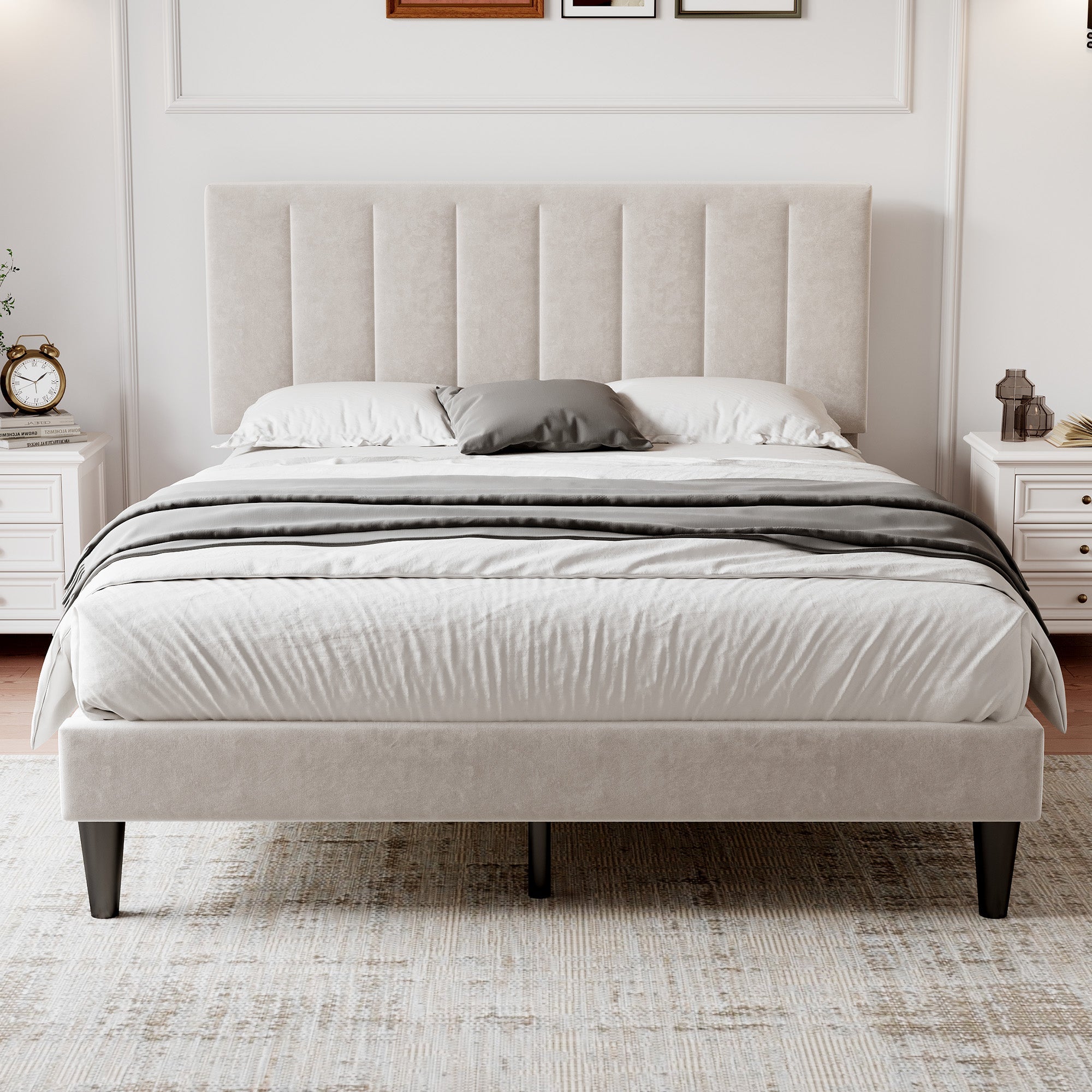 4ft6 Double Upholstered Velvet Bed Frame, Adjustable Channel Tufted Headboard, Solid Wood Slat, Mute Foam, Beige