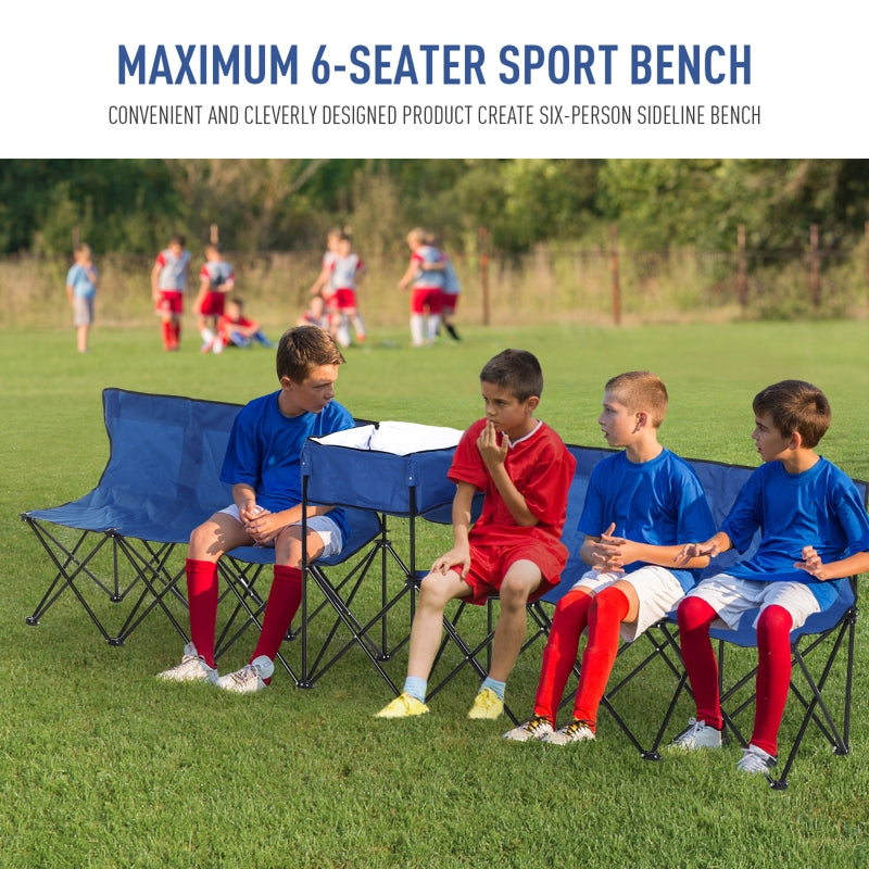 6 Seat Folding Sports Bench, Portable Team Chair with Cooler Bag, Steel/Blue