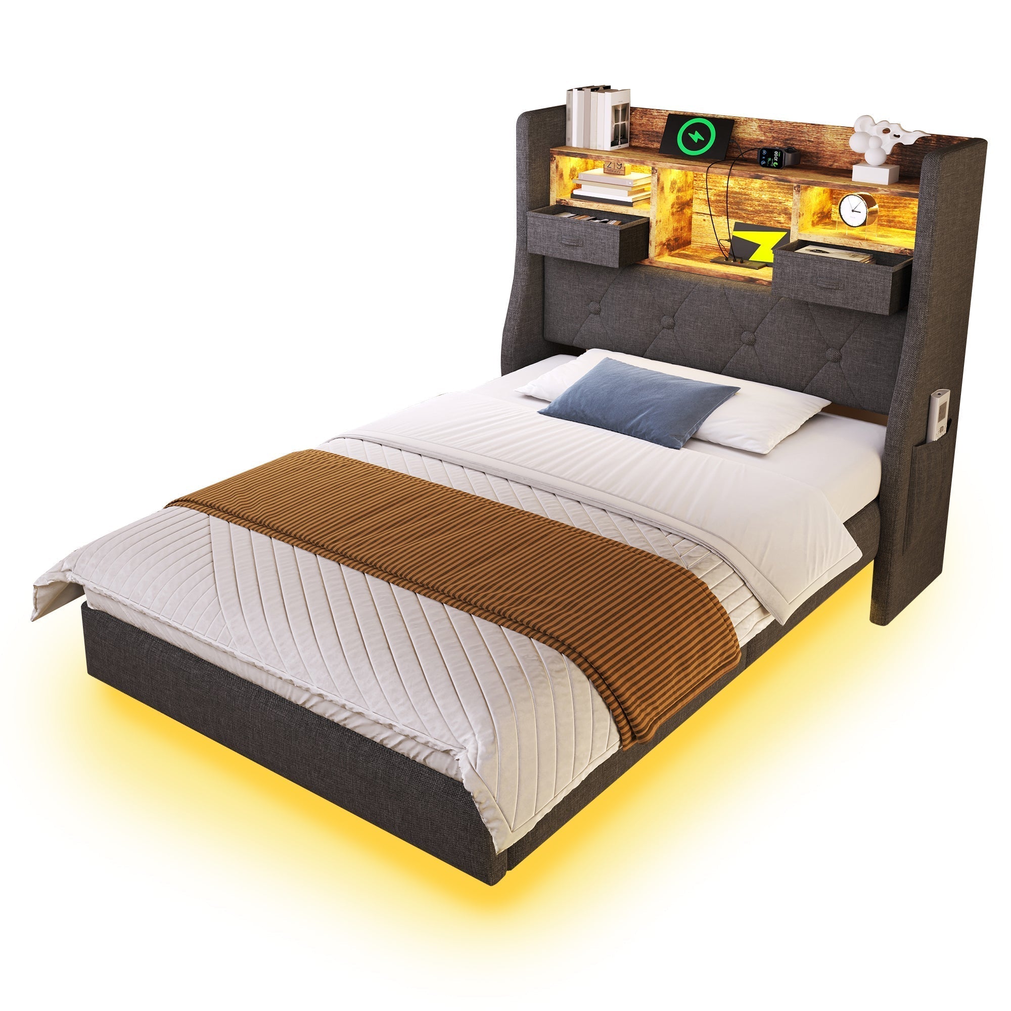 Upholstered Single Bed 90x200cm Floating Design LED Charging Station Storage, Linen Grey