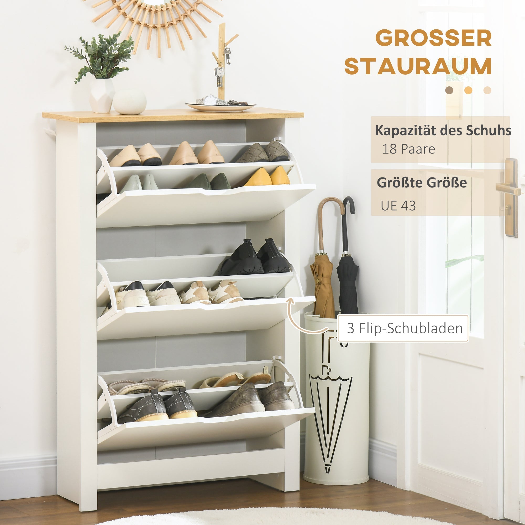Schuhschrank-Regal 3 Klappen 18 Paar, platzsparend, Weiß Natur