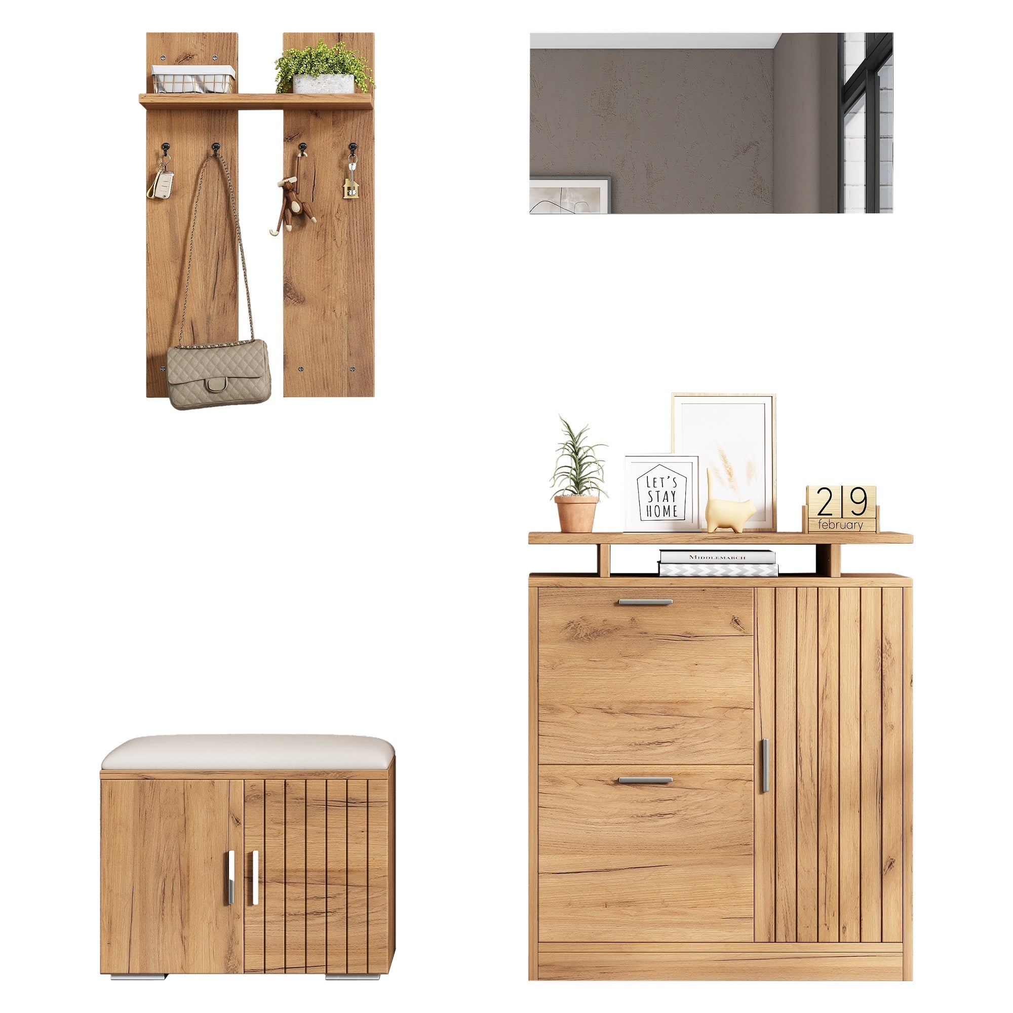 Hallway Wardrobe Set, Shoe Bench and Cabinet with Mirror, 4 Hooks, 5 Doors, Natural