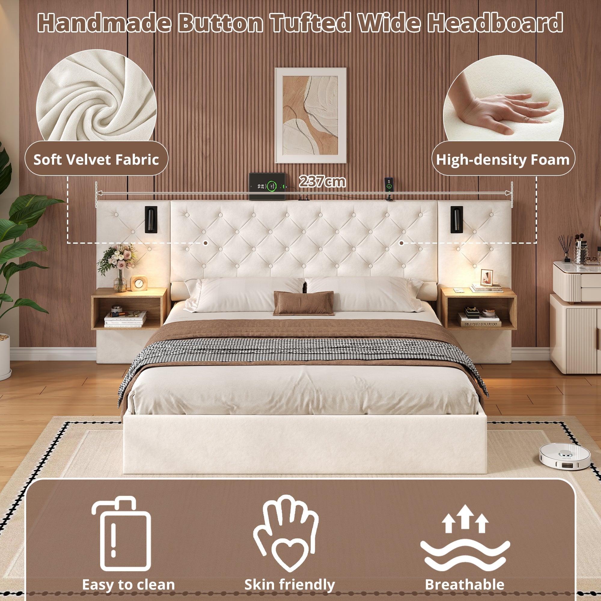 King Upholstered Bed with Charging Station, Reading Light, and Hydraulic Storage, Beige Velvet