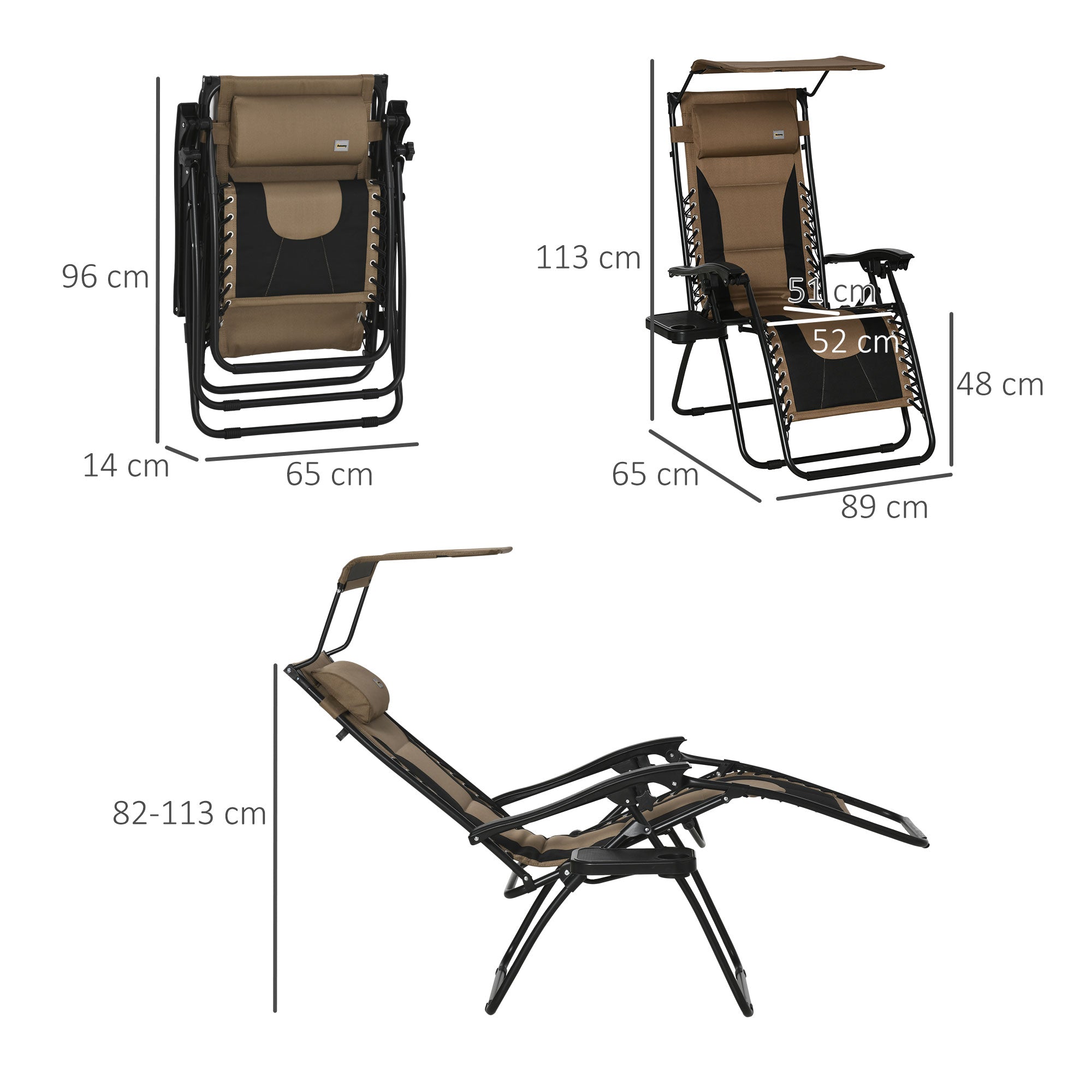 Zero Gravity Lounger Chair, Folding Reclining with Shade Cover, Padded Seat, Cup Holder, Coffee