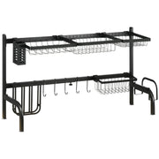 Dish Drainer 2-Tier with Hooks, Drip Tray, Steel, Black