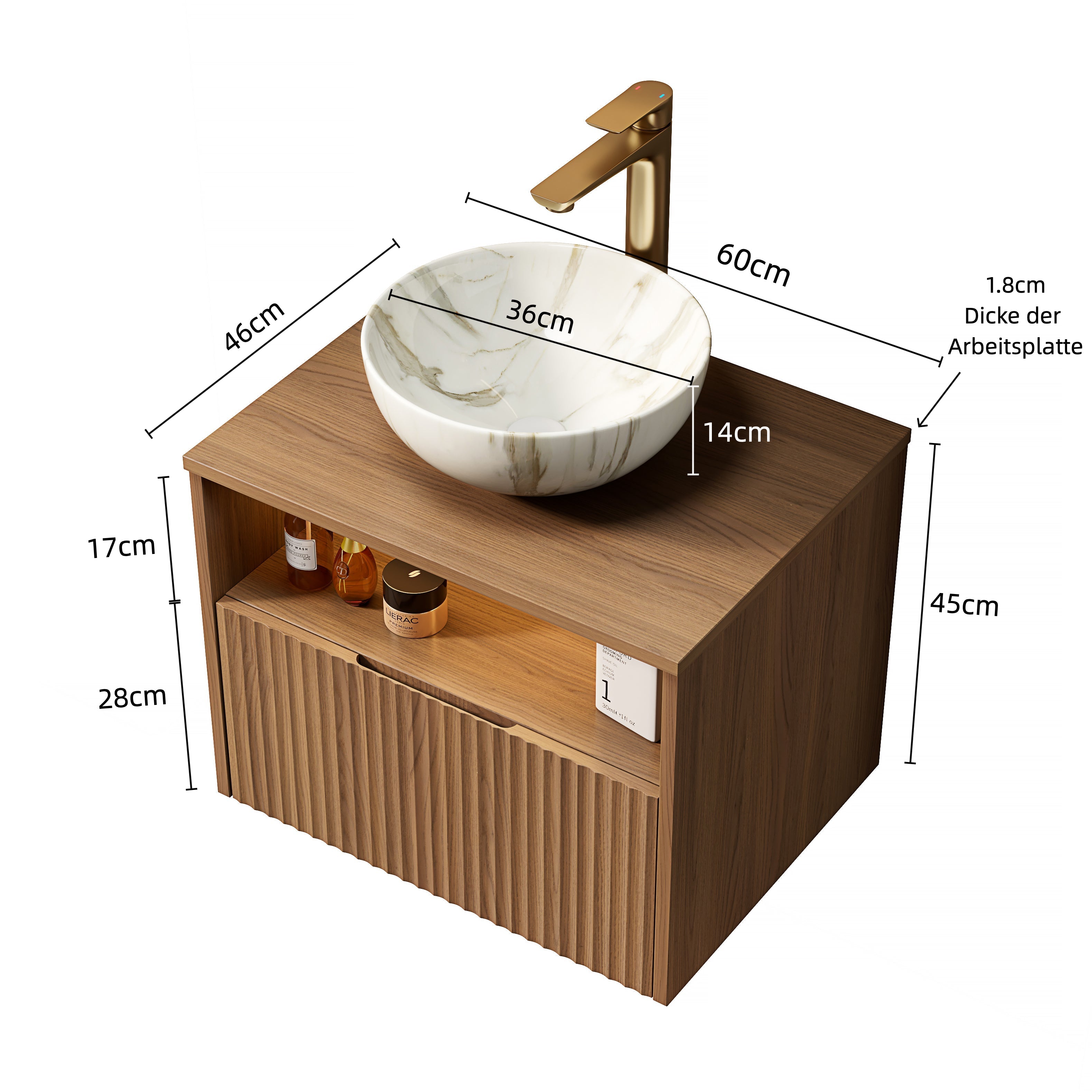 Floating Bathroom Sink with 60cm Ceramic Bowl and Sensor Light, Espresso Wood Grain