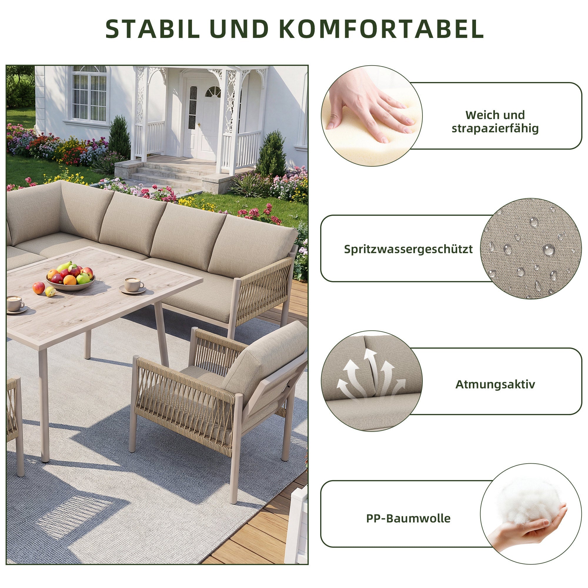 Garden Lounge Seating Group, L-Shaped Sofa with Table and 2 Armchairs, Beige
