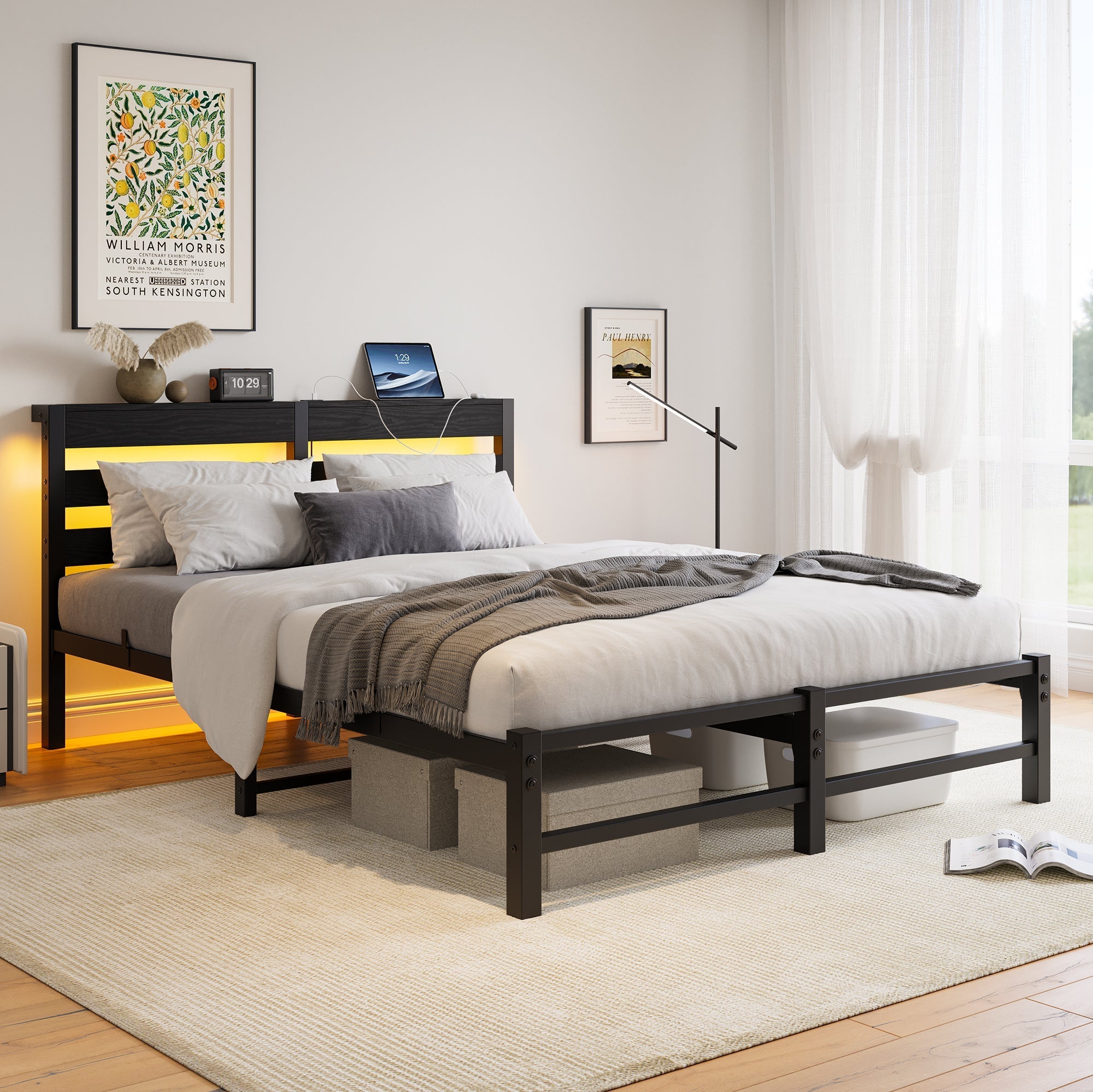 Metal Bed Frame 140x190cm LED USB Charging Storage - Metal