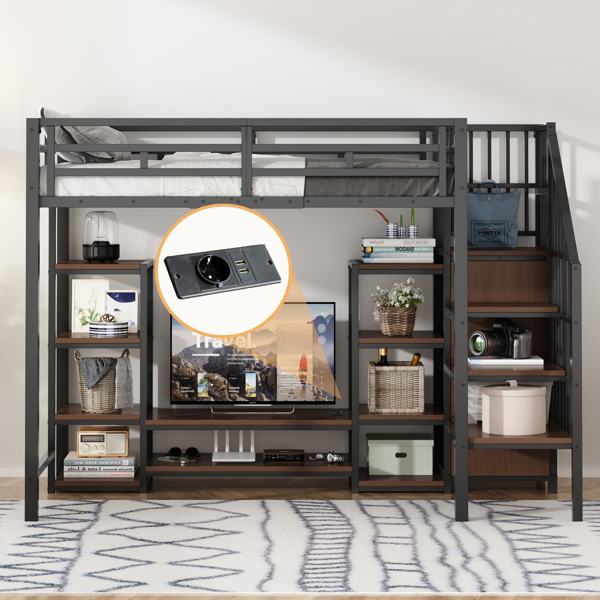 Loft Bed 90x200 with TV Stand Power Outlet Ladder, Metal & Wood Black