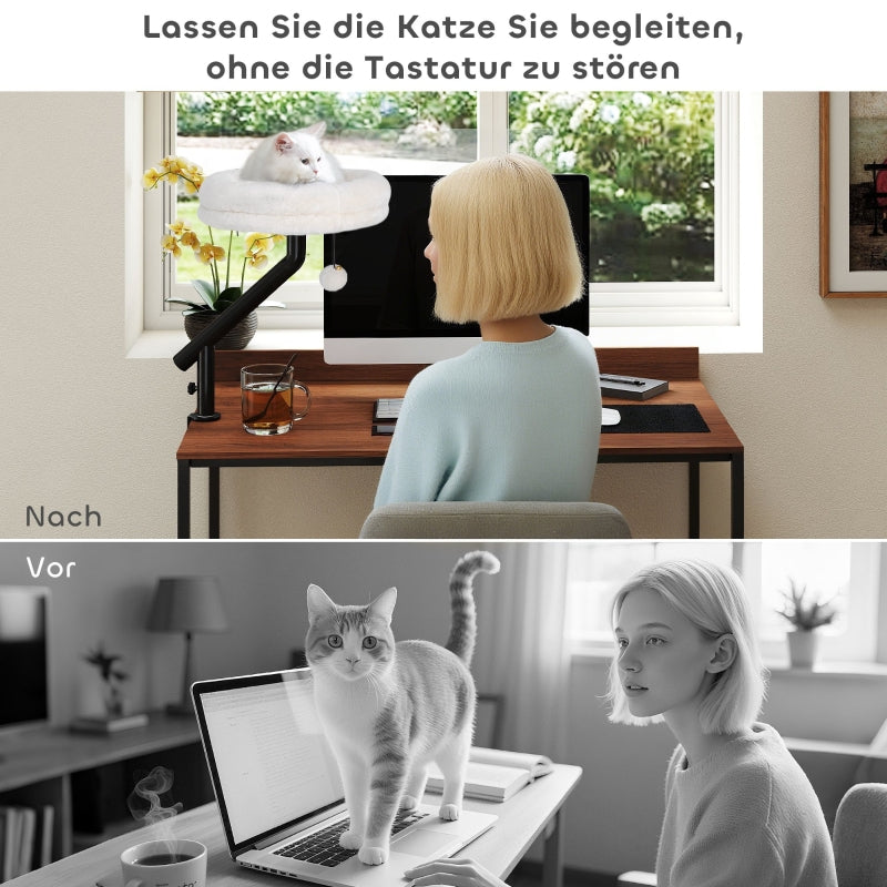 Cat Desk Bed, 360° Rotation, Adjustable Height, Washable, Cream White