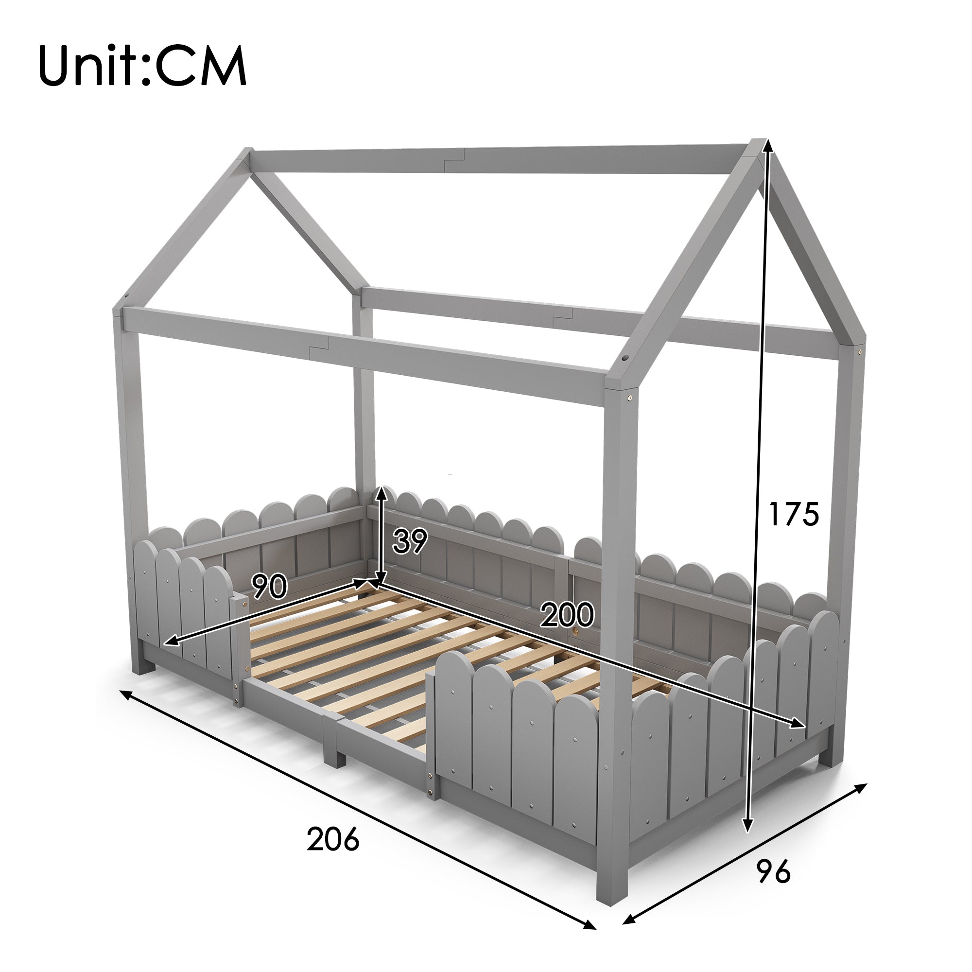 House Bed 90x200cm Versatile Children's Bed with Fall Protection and Slatted Frame, Grey
