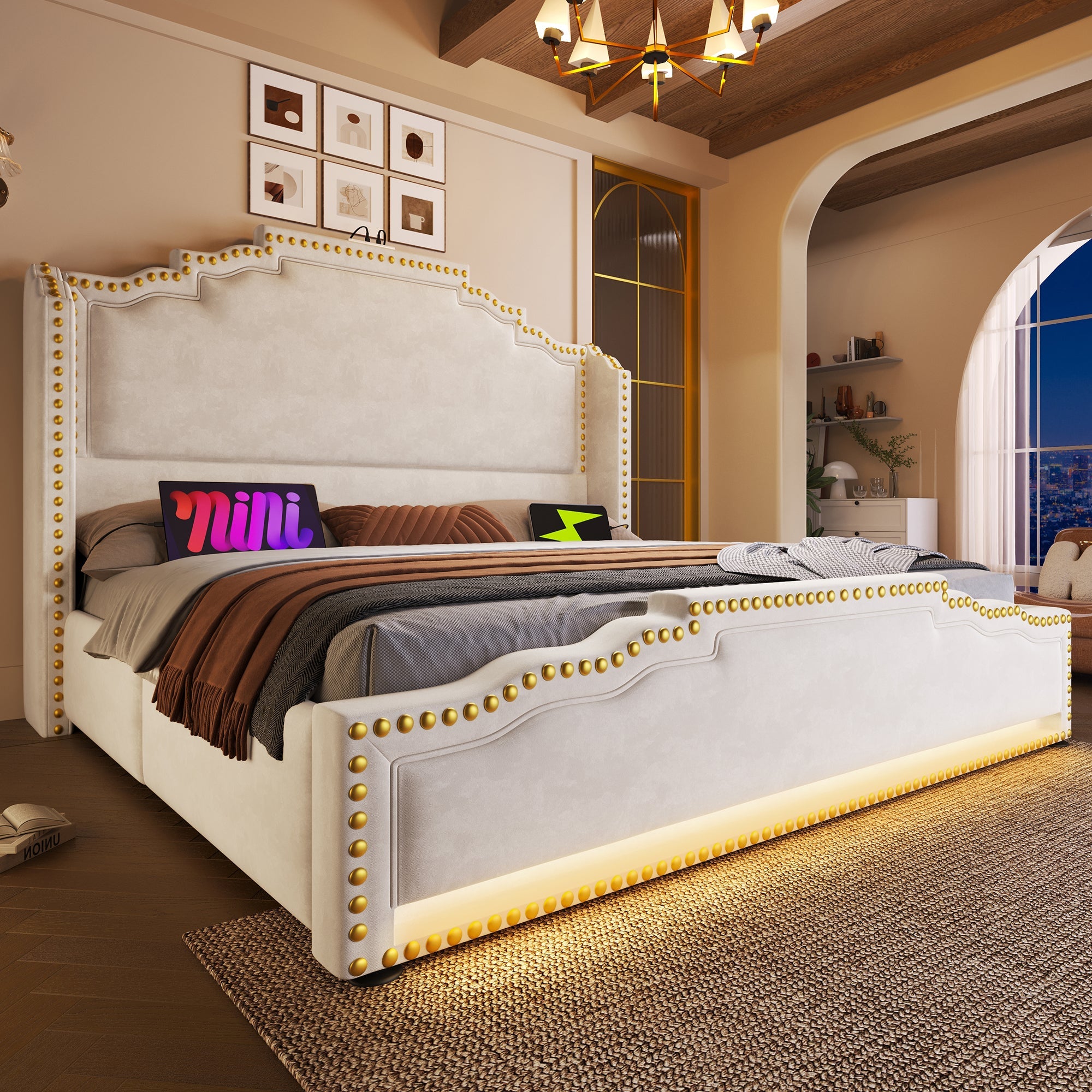Upholstered Bed 140x200, Double with 4 Drawers, LED, USB-C, Velvet Beige