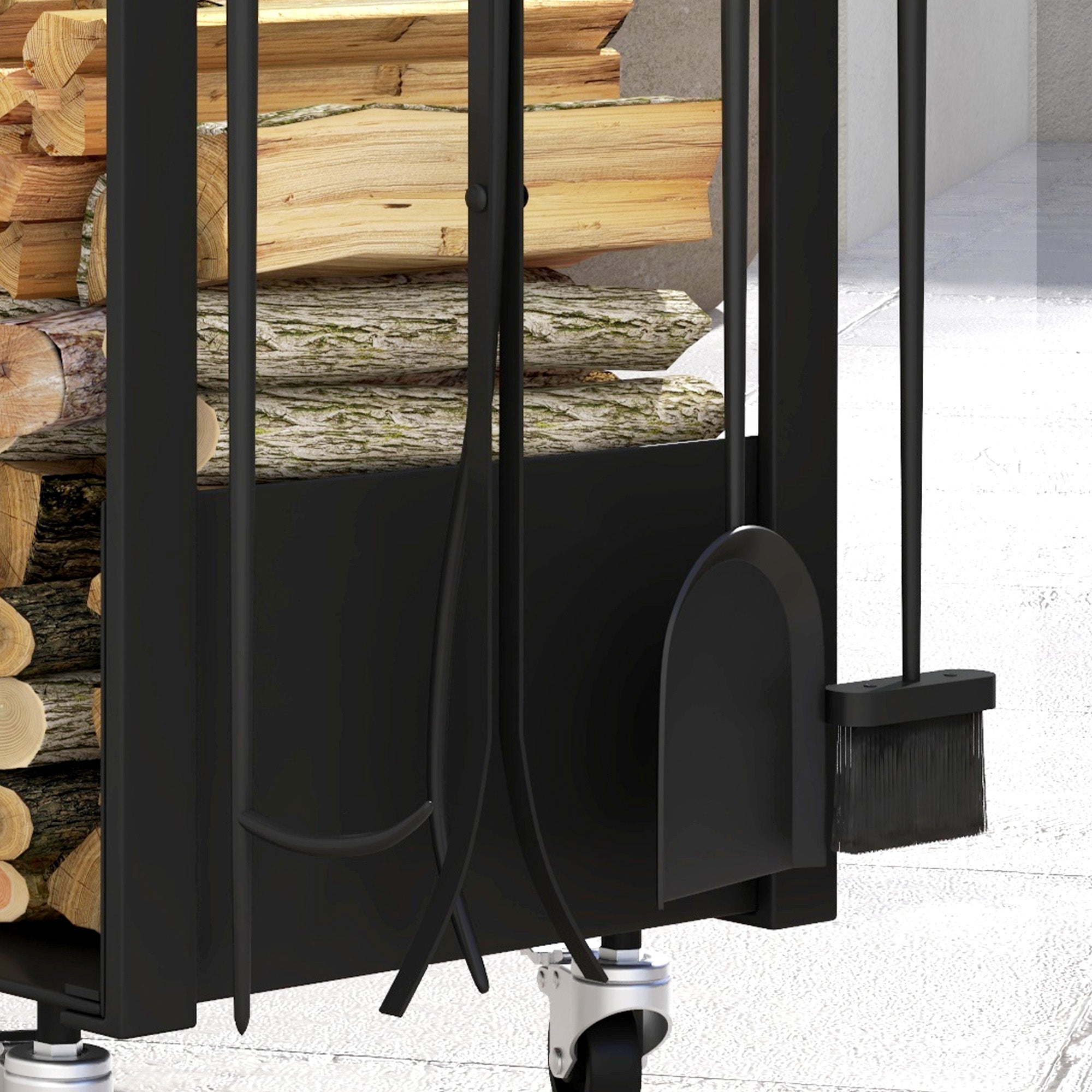 Firewood Rack with Tools, Wheels, Side Hooks, Black Metal
