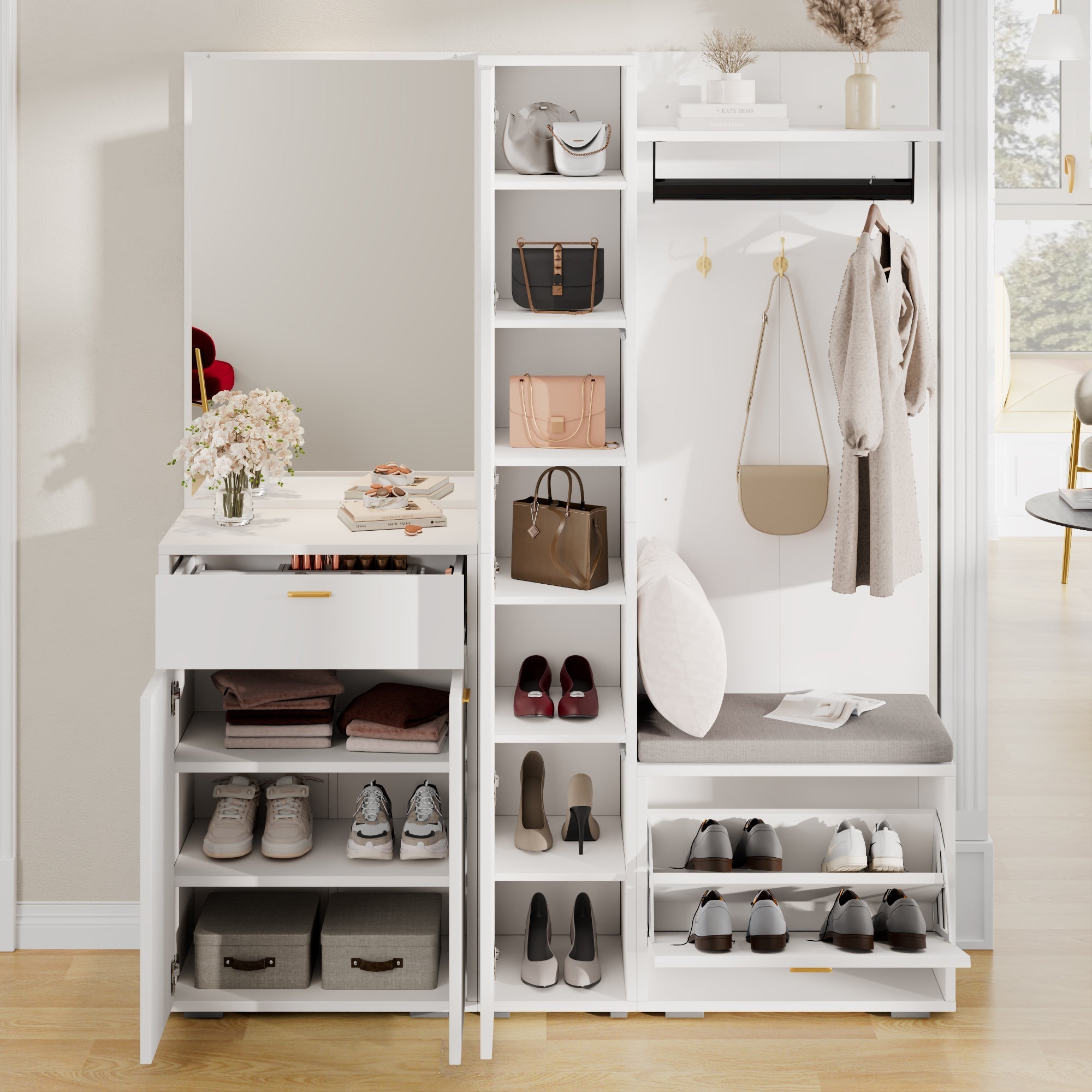 Wardrobe Set Compact Hallway Storage with Mirrored Sideboard Bench Shoe Rack 150x36x180 cm White