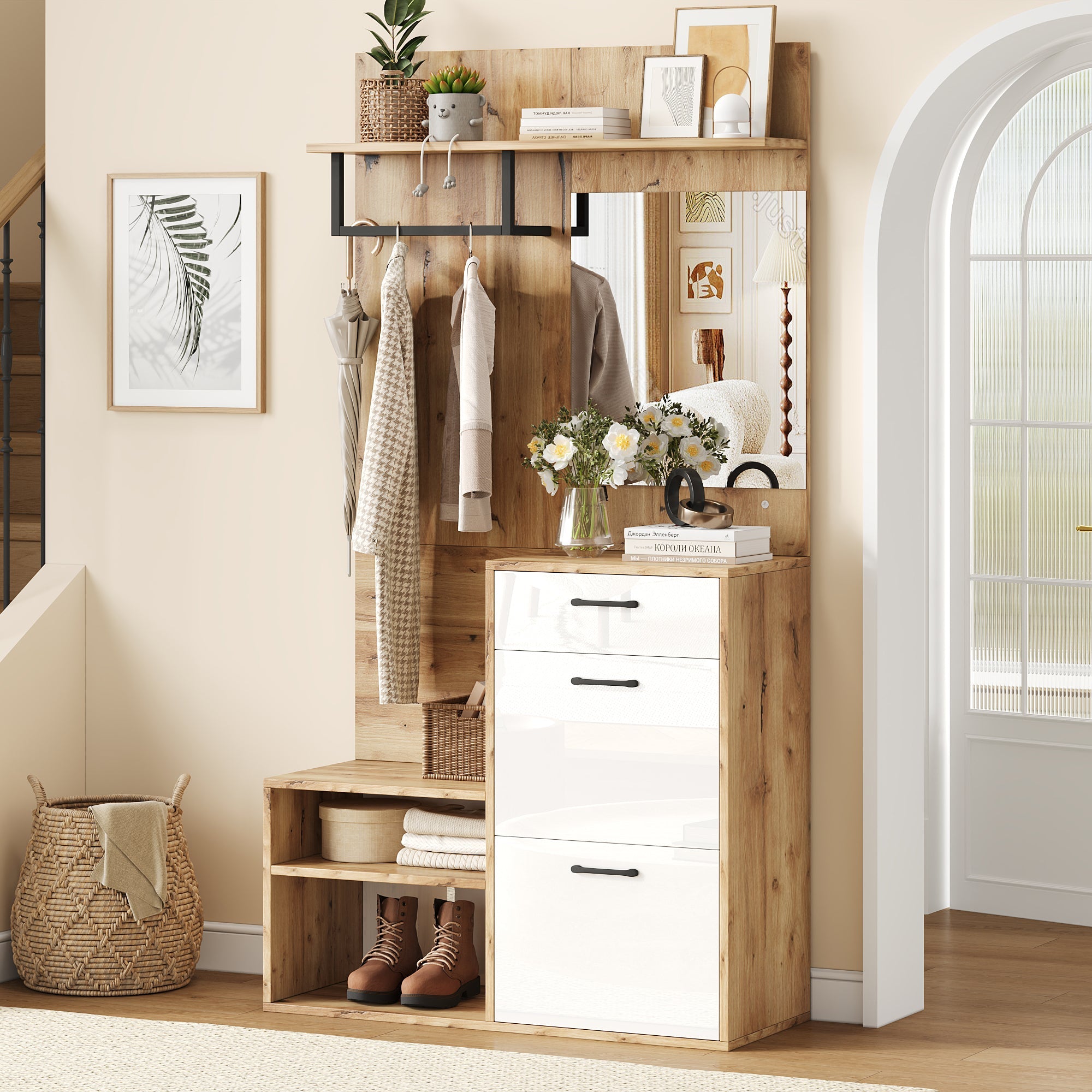 Wardrobe Set, Mirror, Shoe Bench, 1 Drawer, 2 Cabinets, White Wood
