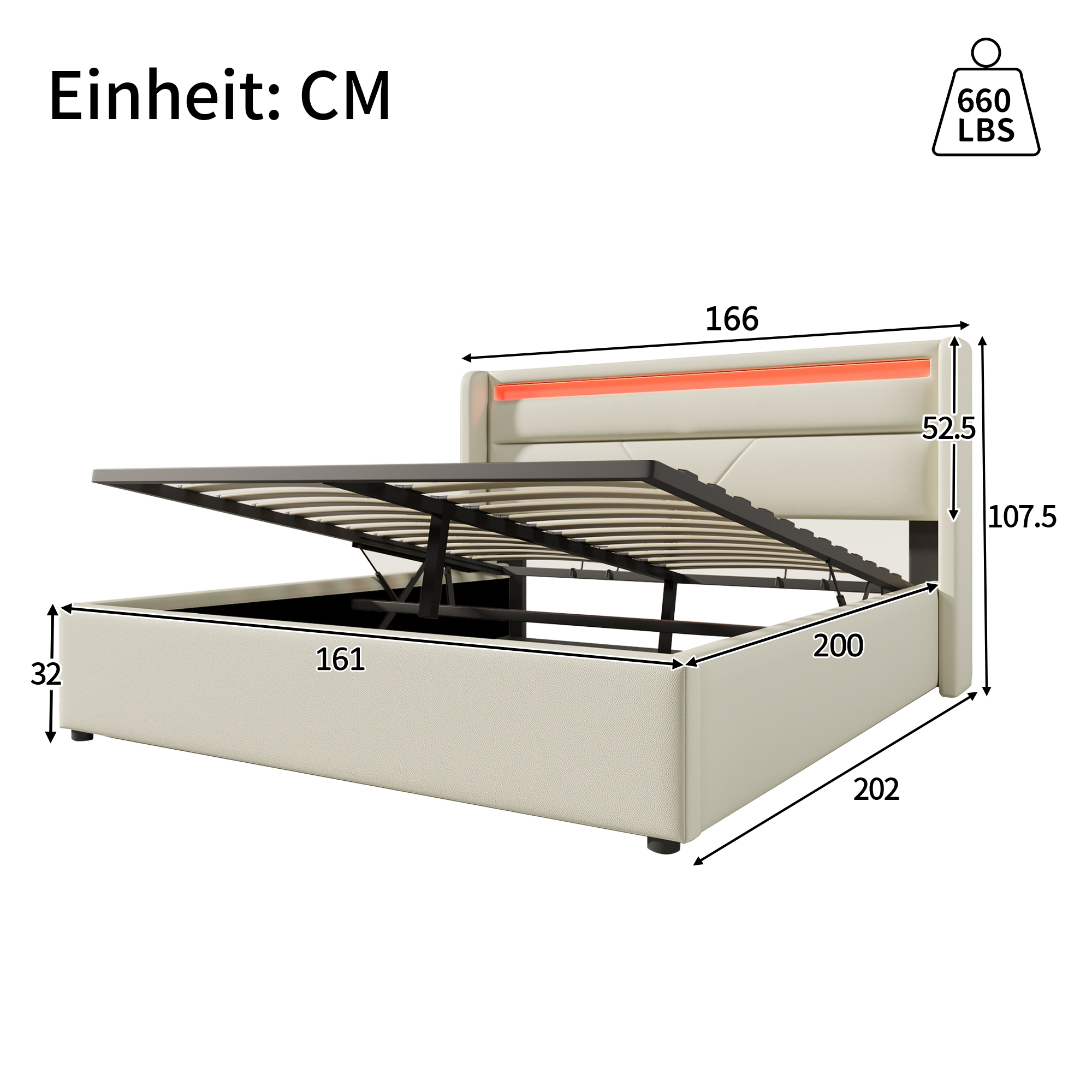 Hydraulic Storage Bed with LED Lighting and Remote Control, 160x200cm, White Upholstered