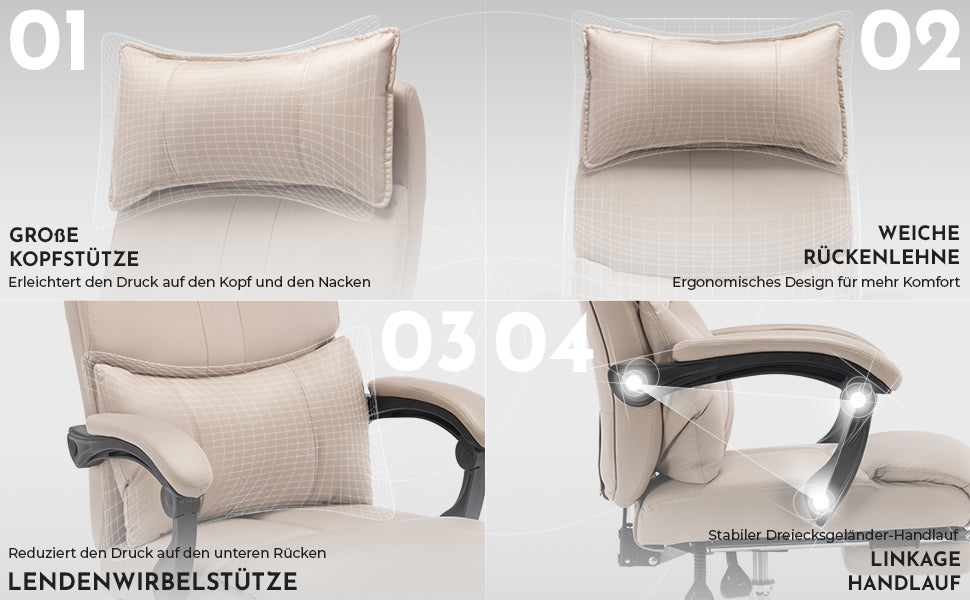 Ergonomic Executive Office Chair - Height Adjustable Swivel Double Lumbar Support - Beige PU Leather