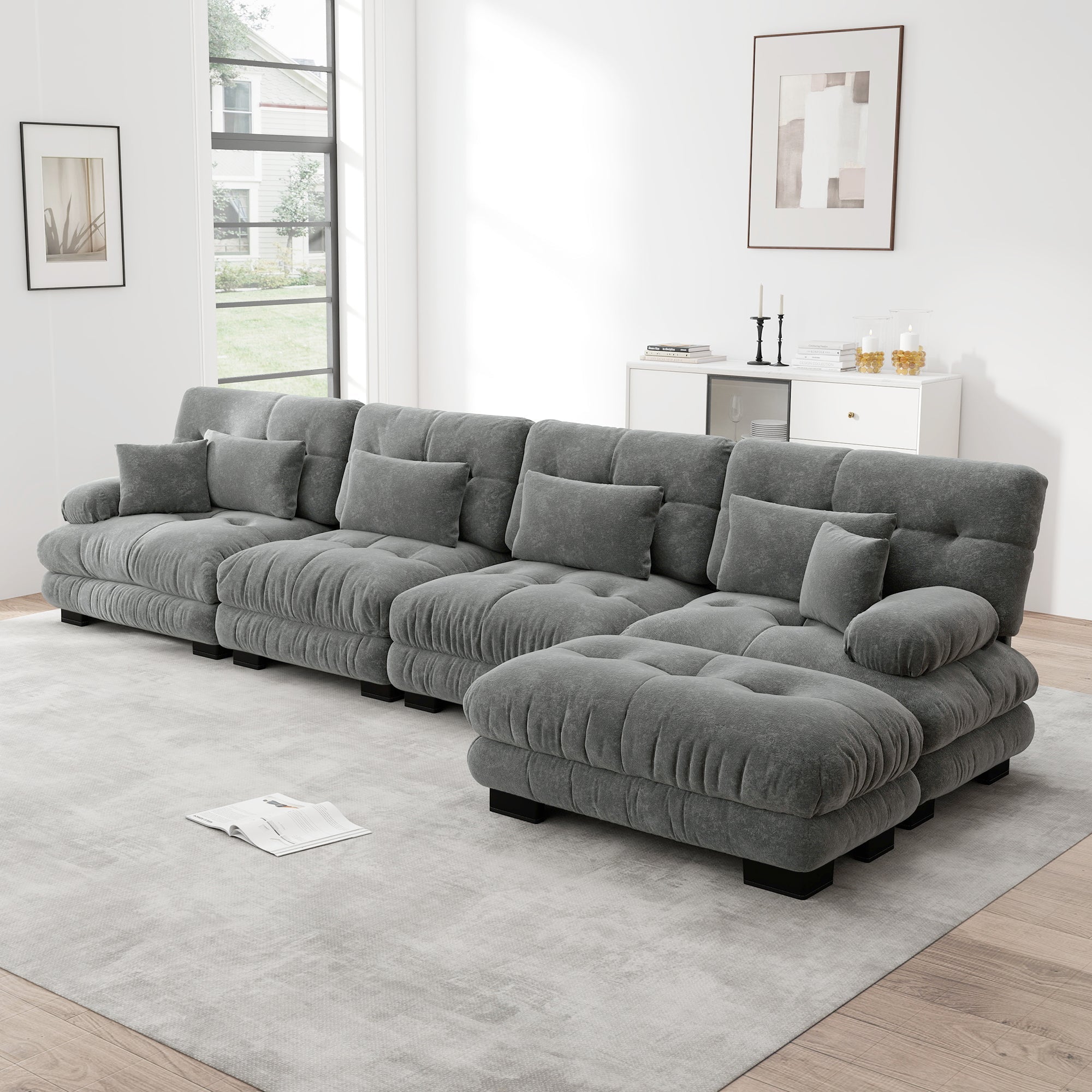 Modular Corner Sofa L-Shaped 4-Seater Couch Set Movable Ottoman DIY Chenille Grey