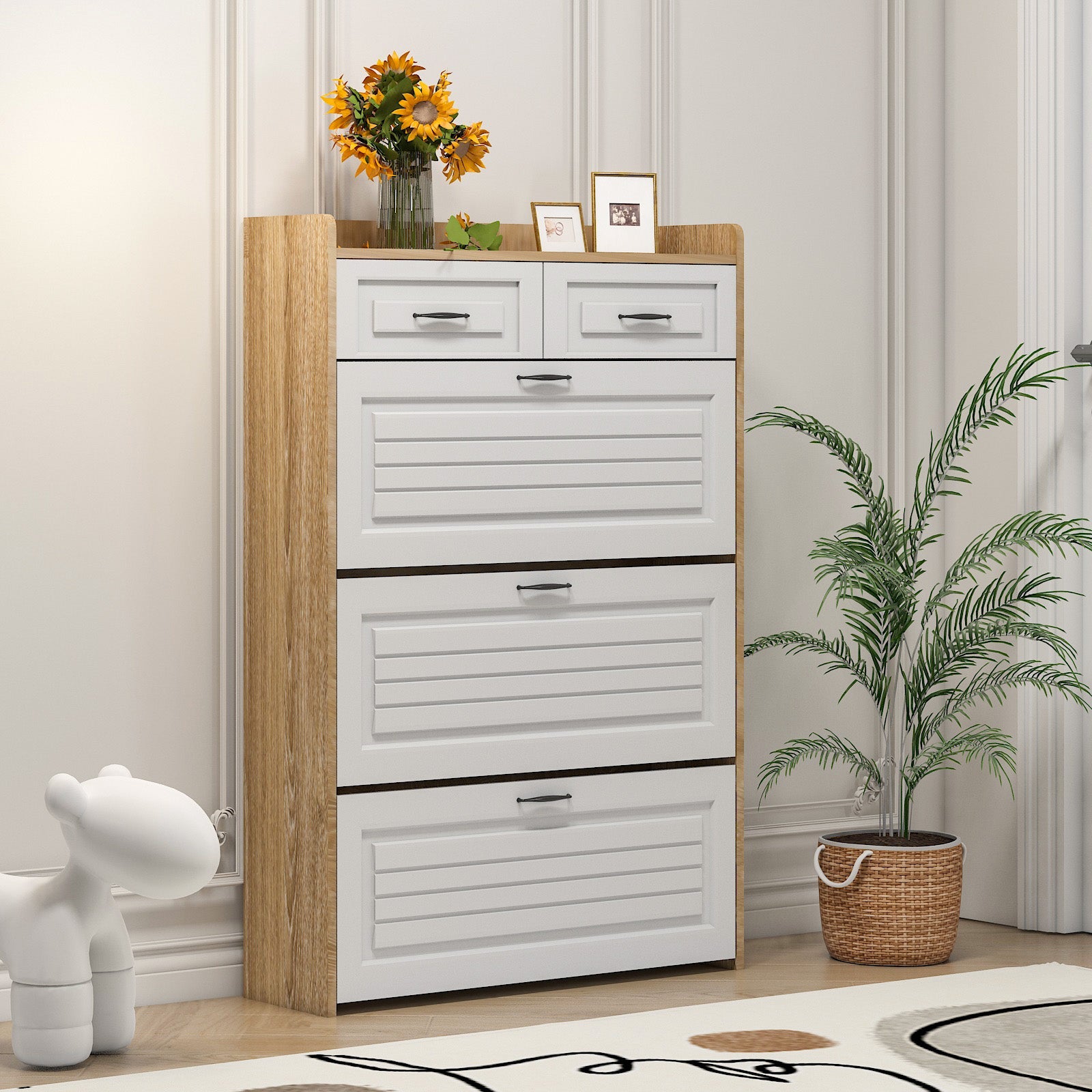 Shoe Cabinet Rotating Shoe Rack with 3 Doors and 2 Drawers Wood