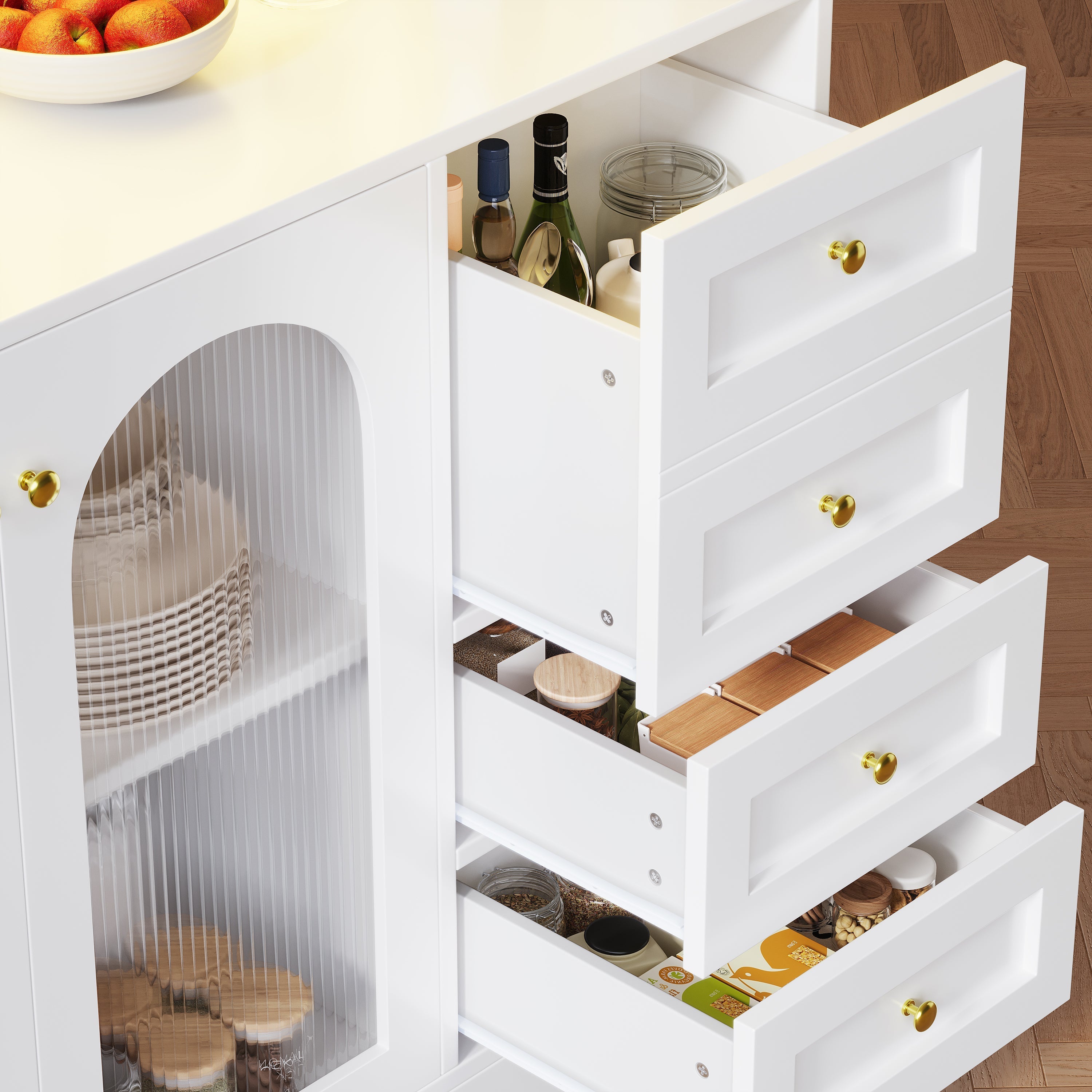 Sideboard Buffet Cabinet with LED Lighting and Fluted Glass Doors, Black and White
