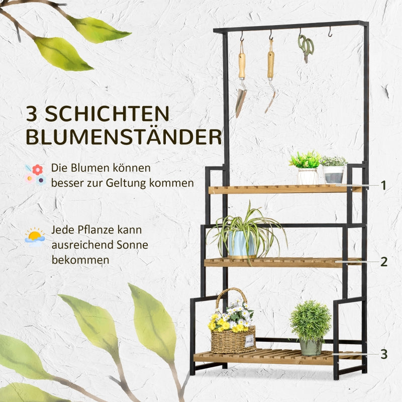 Plant Stand with 3 Tiers and Mounting Hooks, Natural Wood