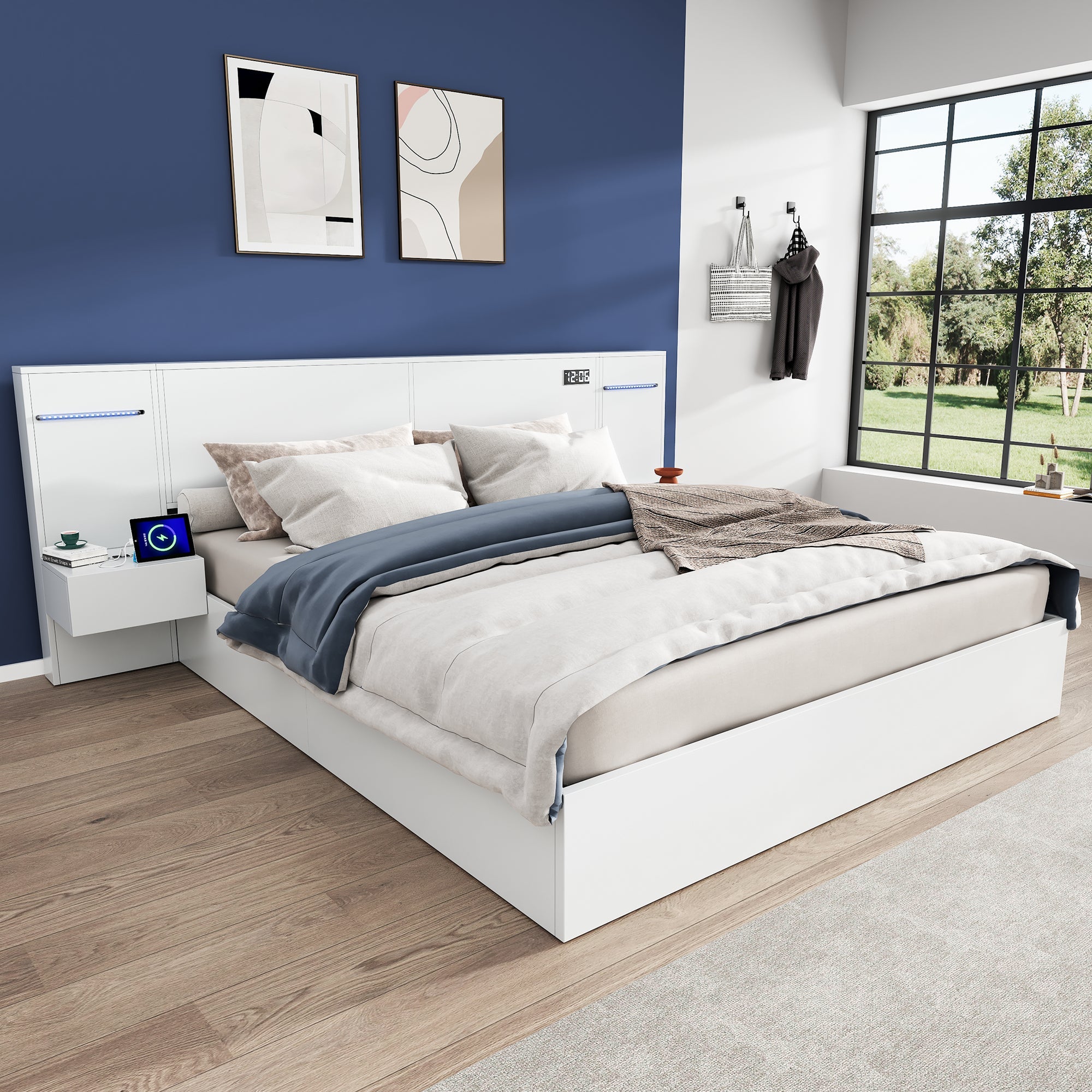 Double Bed with USB, Clock, Bluetooth Speaker and LED, 160x200cm, White Wood