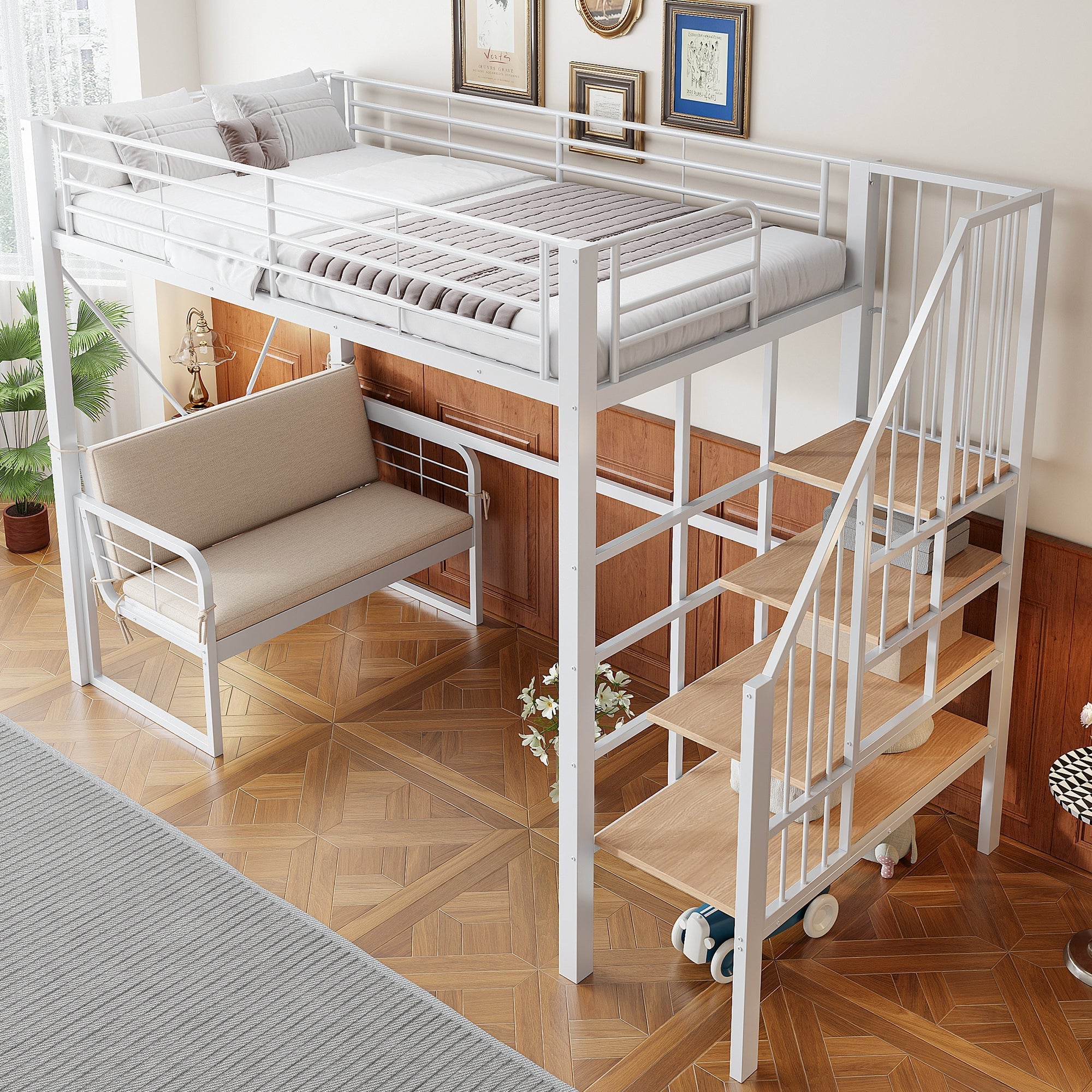 Bunk Bed with Removable Sofa, Storage and Safety Stairs, 90x200cm, White Metal