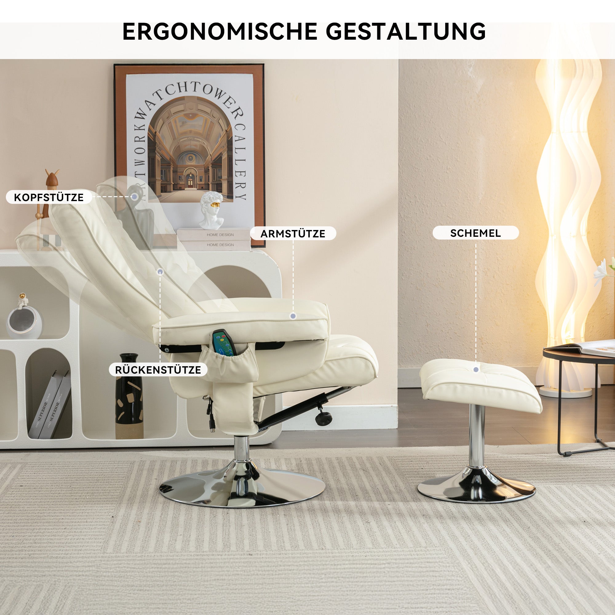Massage Chair with 5-Point Massager & Ottoman, PU Upholstery, Beige
