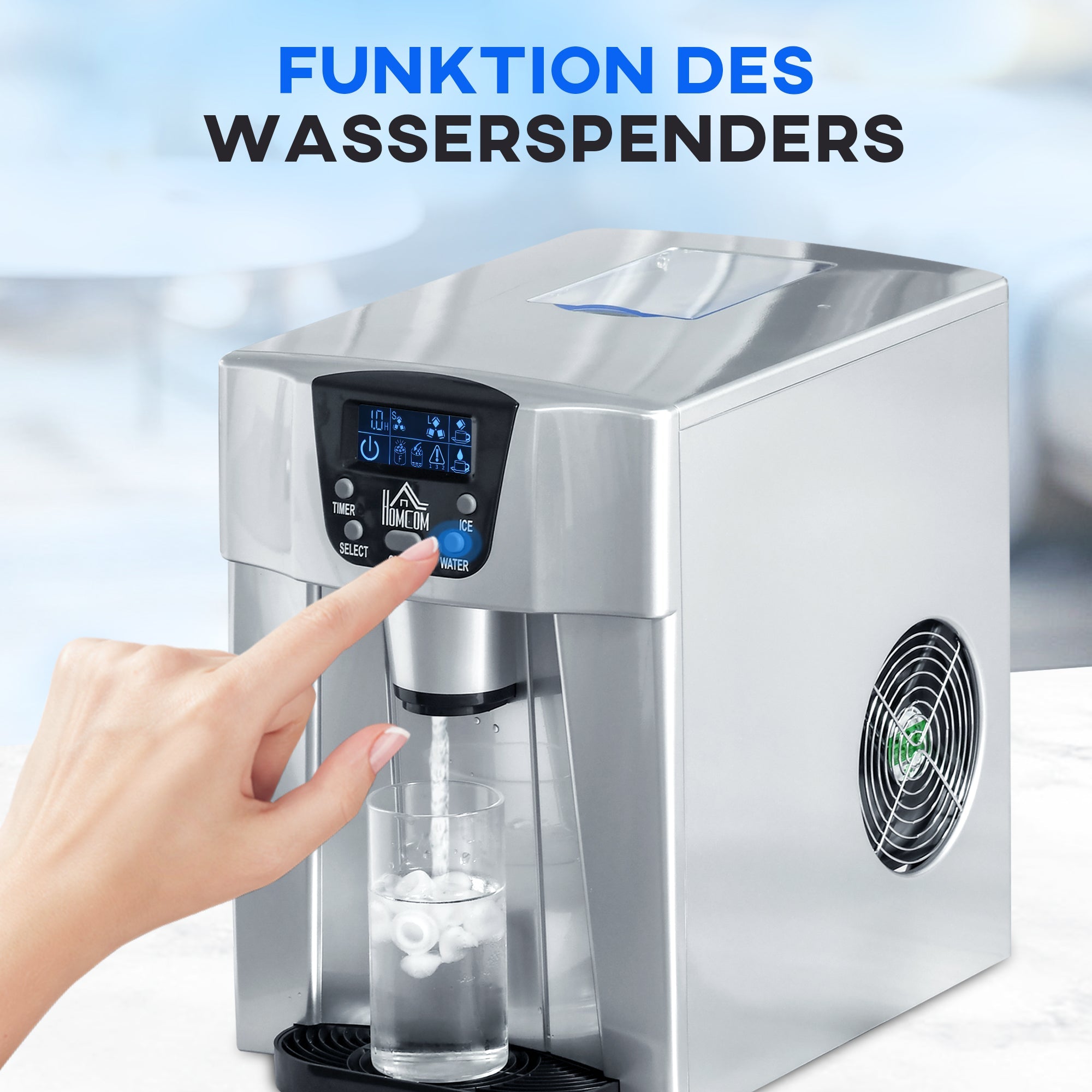 Ice cube machine, 9 ice cubes in 6-10 minutes, 12 kg/24 h, 2 L water tank, self-cleaning function, LCD display, silver