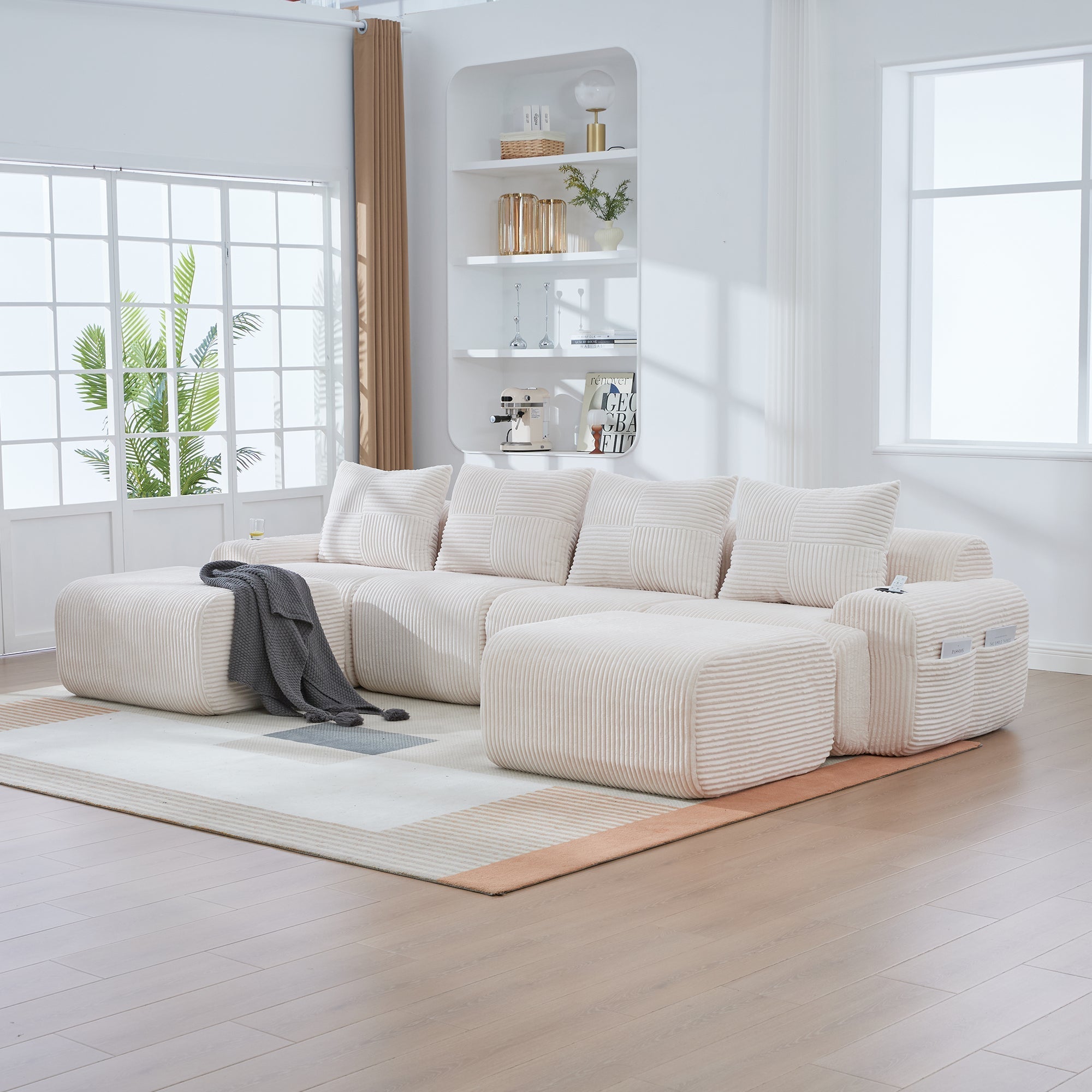 Modular Corduroy Sofa, 4-Seater with 2 Ottomans, Cup Holders and Storage, Beige