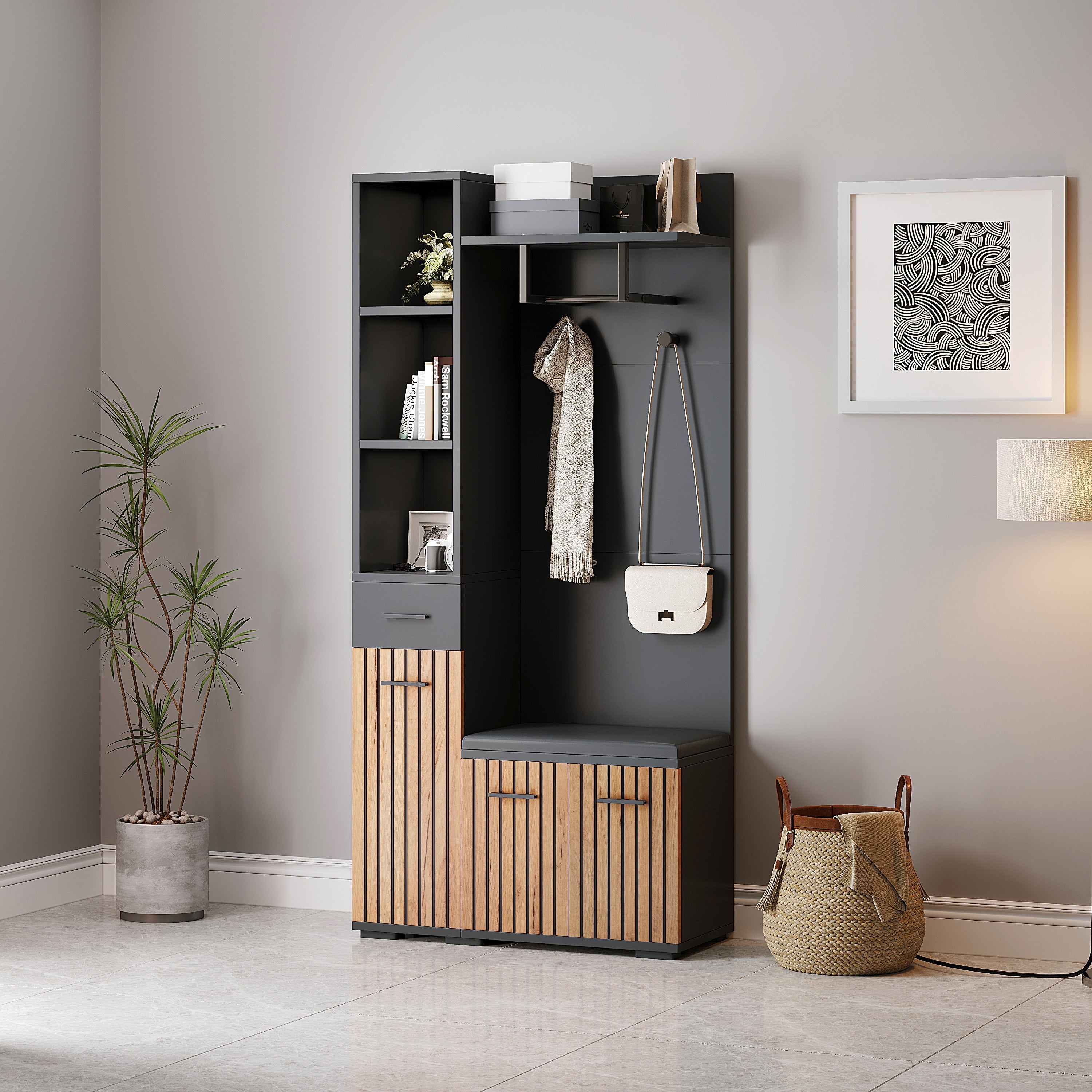 Compact Wardrobe 80*35*175cm 2 Cabinets Coat Rack Shoe Bench Upholstered, Black + Wood Color
