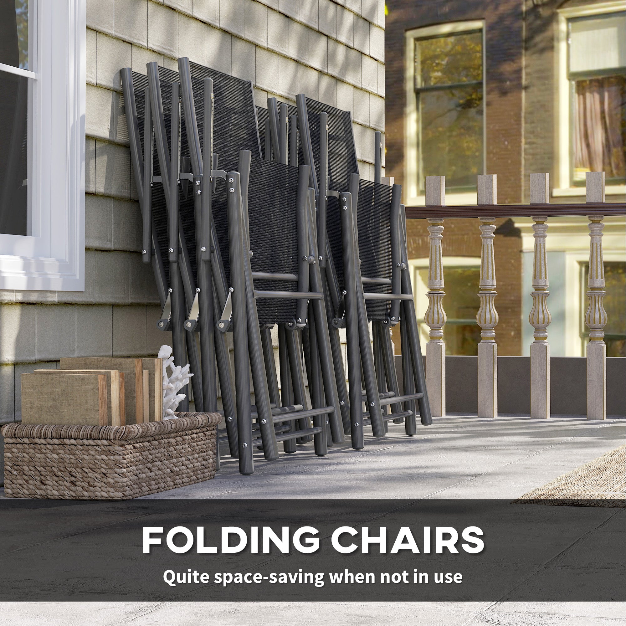 7 Piece Outdoor Dining Set with Extendable Table and 6 Folding Chairs, Grey Steel