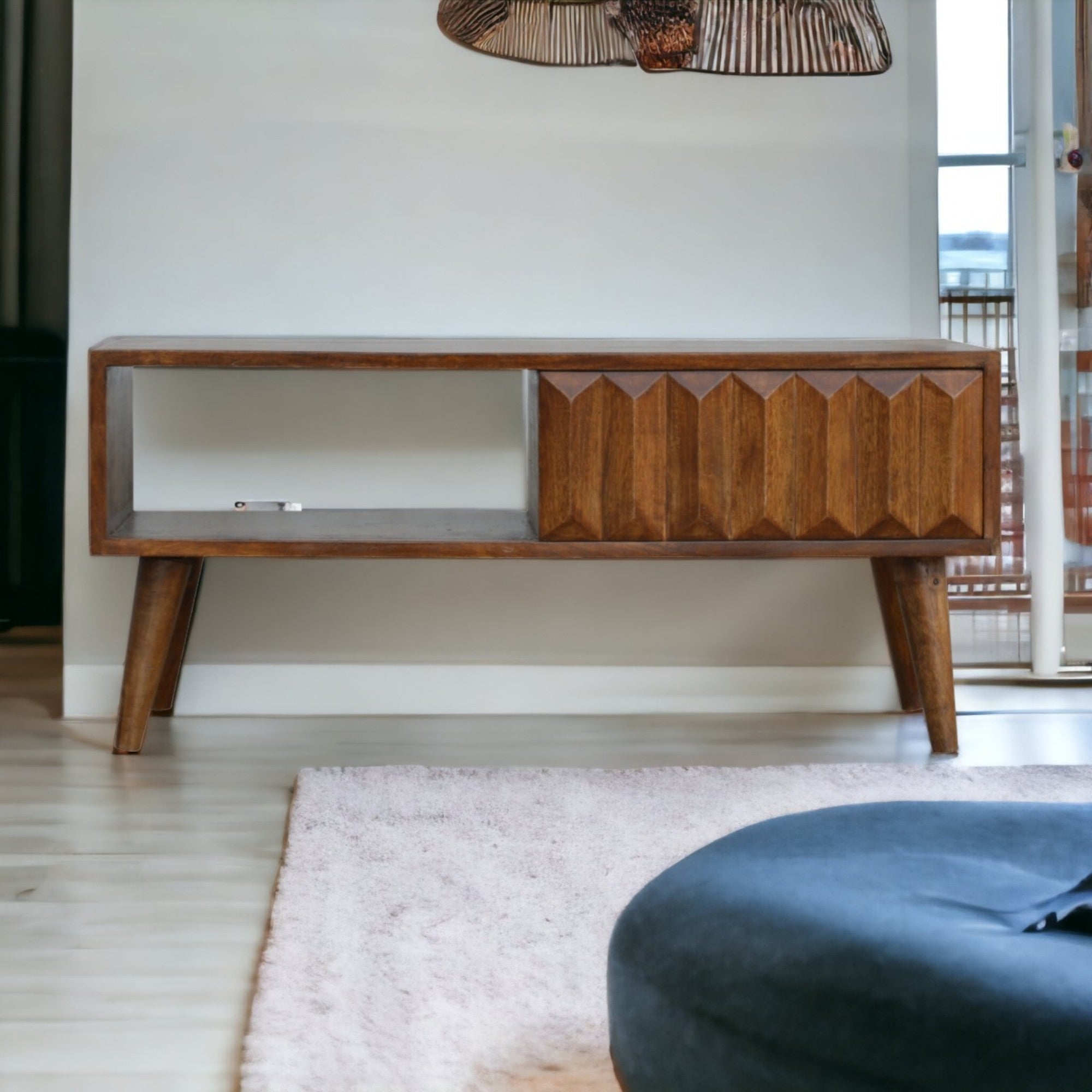 Solid Wood Chestnut Prism Sliding Media Unit, Open Slot, Dark Brown