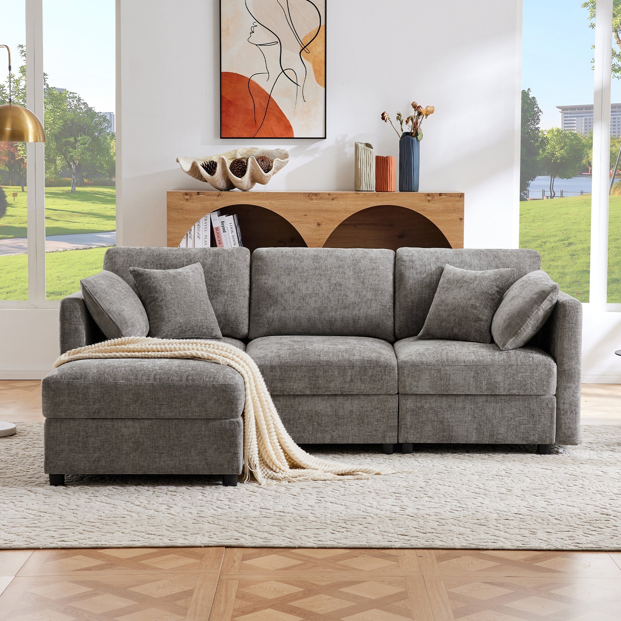 L-shaped Corner Sofa Bed 3-Seater Footstool Adjustable Armrests Chenille Gray